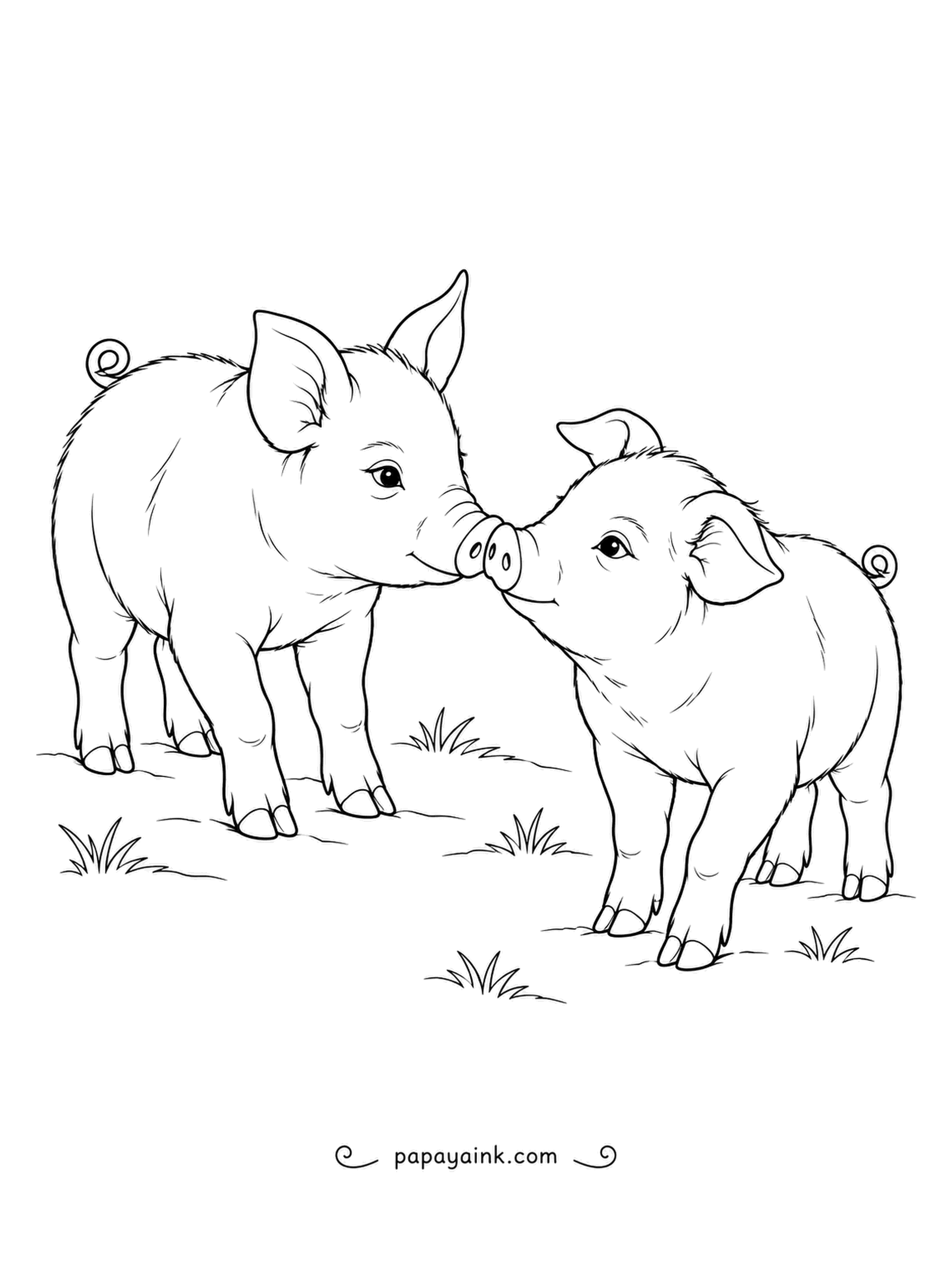 Pig Coloring Pages - Pigs greet each other nose to nose, sniffing to recognize friends by scent. These two piglets have just met in the grass. Lifelike shading, gentle and calm.