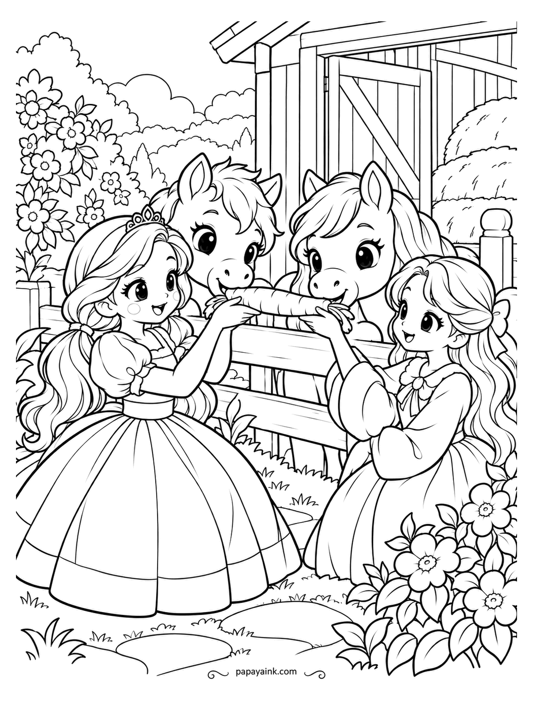 Kawaii Princess Coloring Pages - One carrot, two ponies, one at each end. The princesses hold it over the fence and the ponies nibble toward the middle, where the real question will be settled. Two manes to color differently - a bright orange carrot in between.