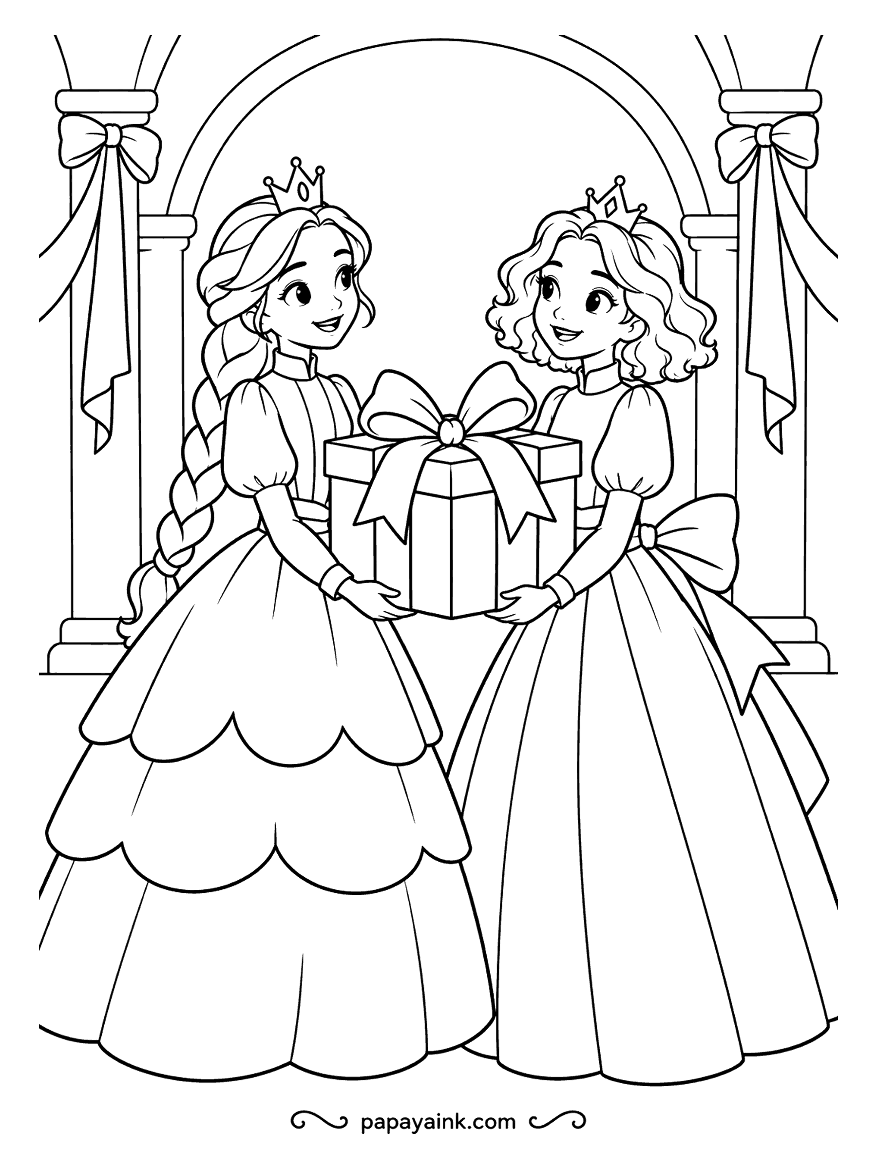 Free Printable Princess Coloring Pages - Between ribboned columns, two princesses carry a gift box nearly as wide as their skirts, bow and all. One wears a long braid, the other short curls, and neither looks ready to open it first. Stripes on the wrapping paper would be a nice touch.