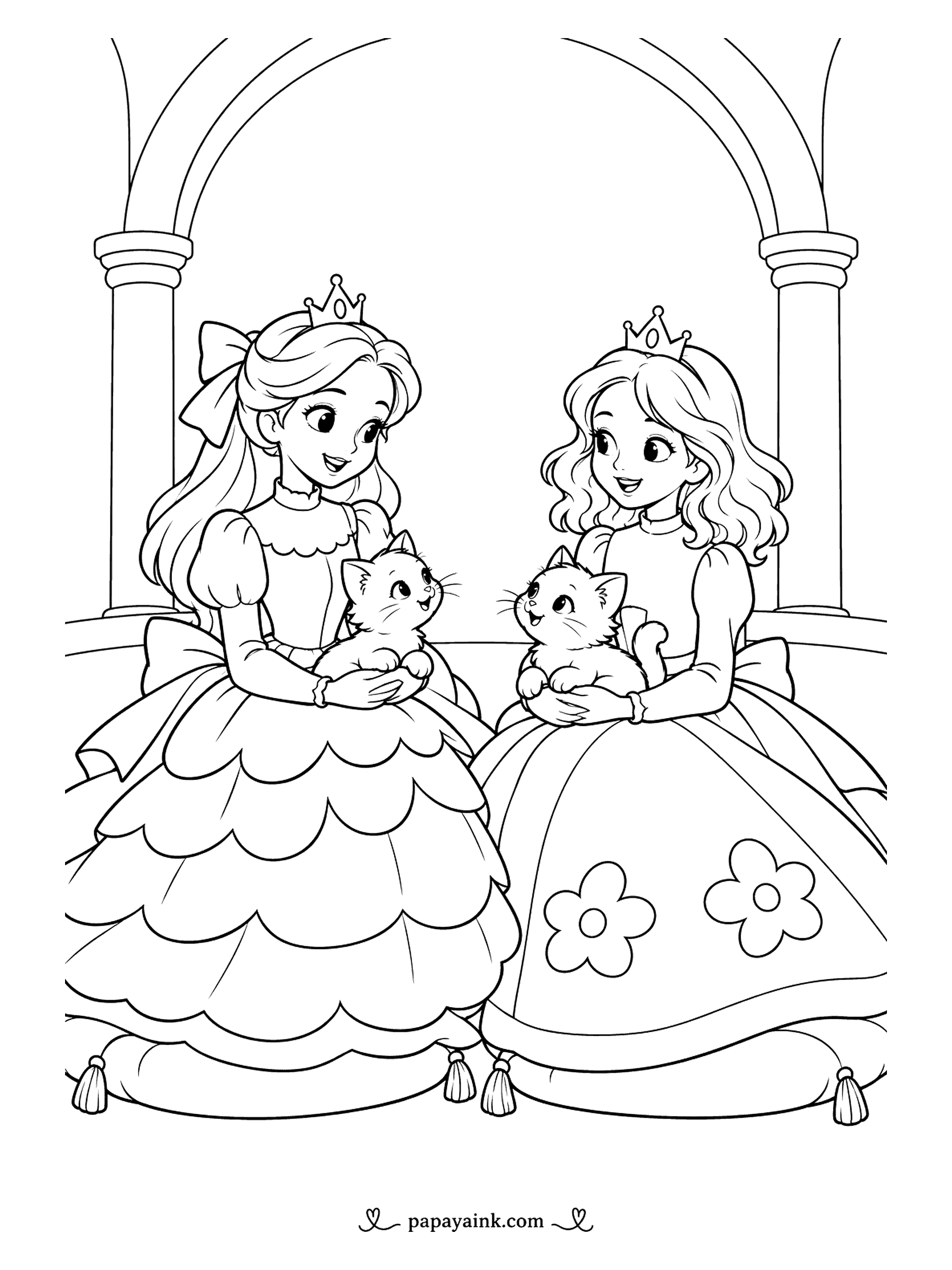 Free Printable Princess Coloring Pages - Under a double arch, two princesses sit on floor cushions, each cradling a kitten that is clearly more interested in its neighbor. One gown is all scallops, the other wears big daisies. Tassels on the cushions are a fine spot for gold.