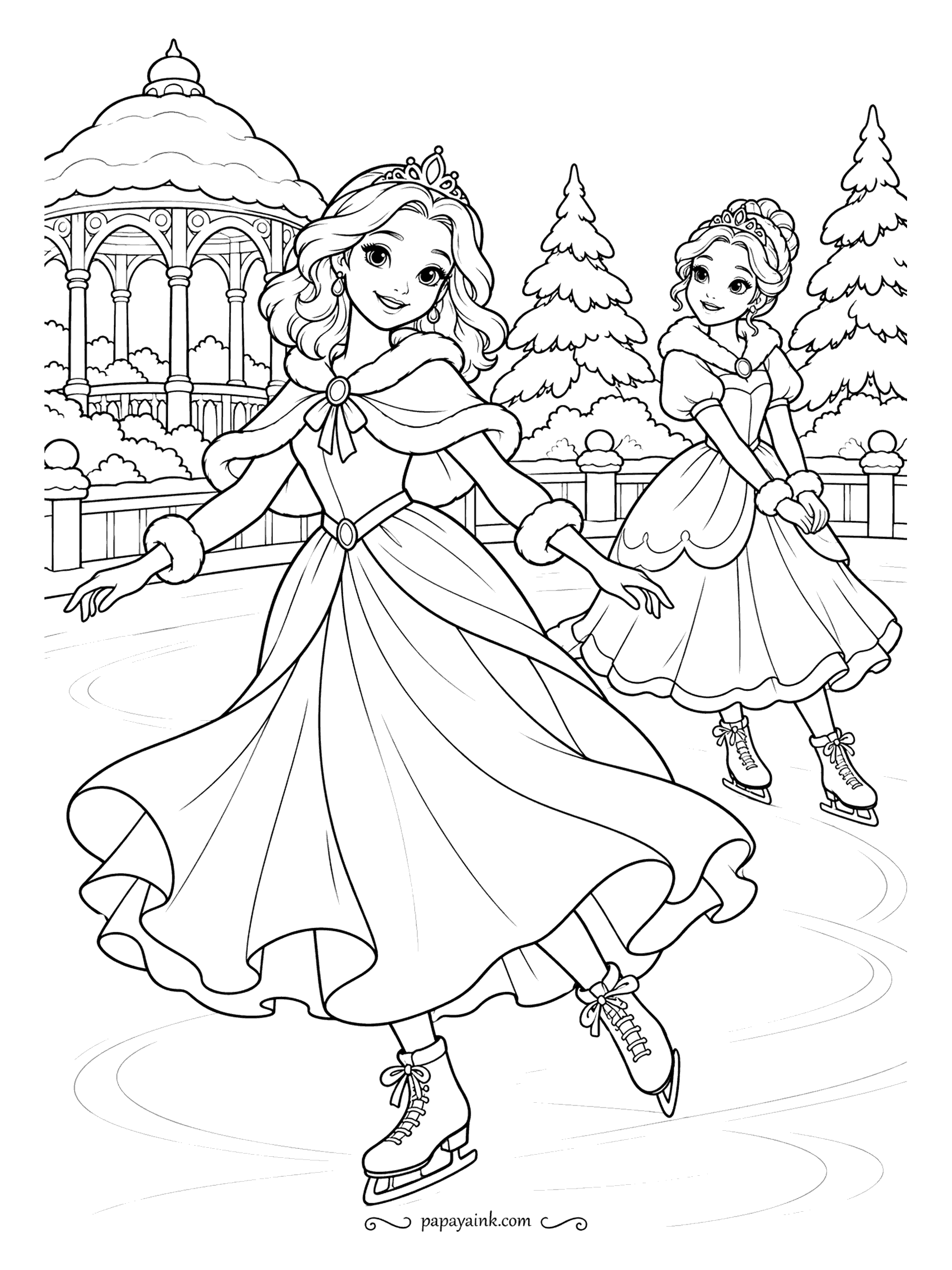 Free Printable Princess Coloring Pages - Skates laced, capes on, and the gazebo roof under a cap of snow beyond them. The older sister glides, the younger one is still deciding. Fur trim stays white; put the color into the capes and the firs.
