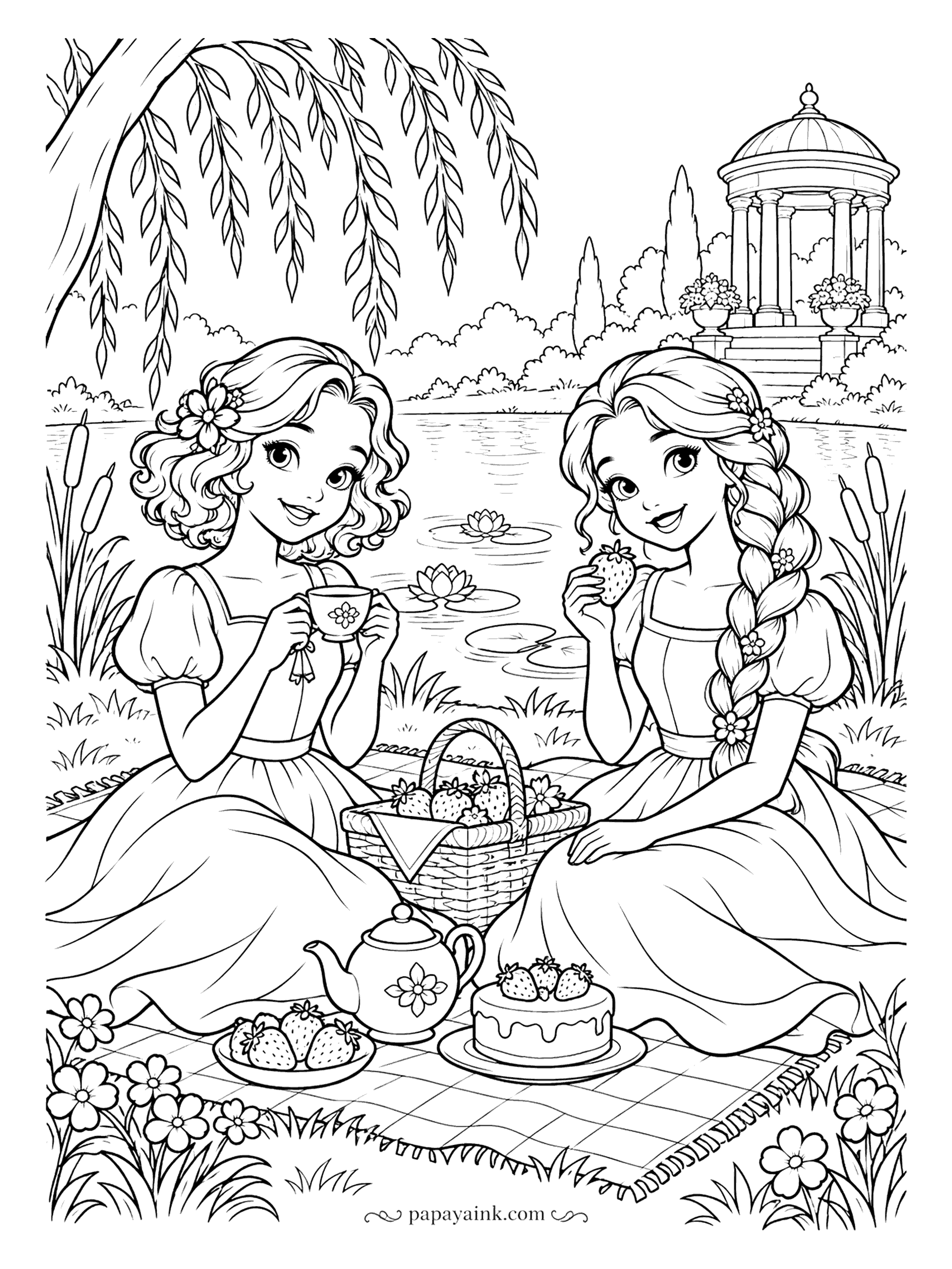 Free Printable Princess Coloring Pages - Tea for two under a willow, with a strawberry cake nobody has dared to cut yet. One princess wears a braid, the other curls, and the gazebo across the pond can wait. Keep the blanket checks light so the picnic reads.