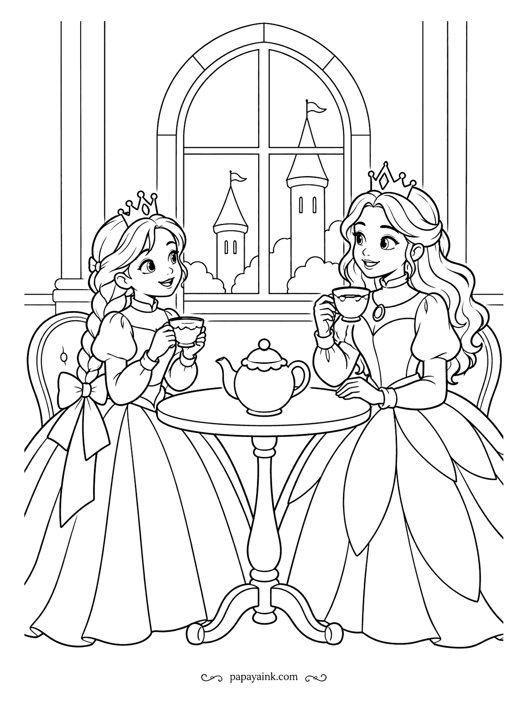 Free Printable Princess Coloring Pages - Teacups raised, two princesses toast each other at a little round table while castle towers show through the arched window. The teapot is the only guest without a crown. Detailed. A pale blue sky in the window pushes the room forward.
