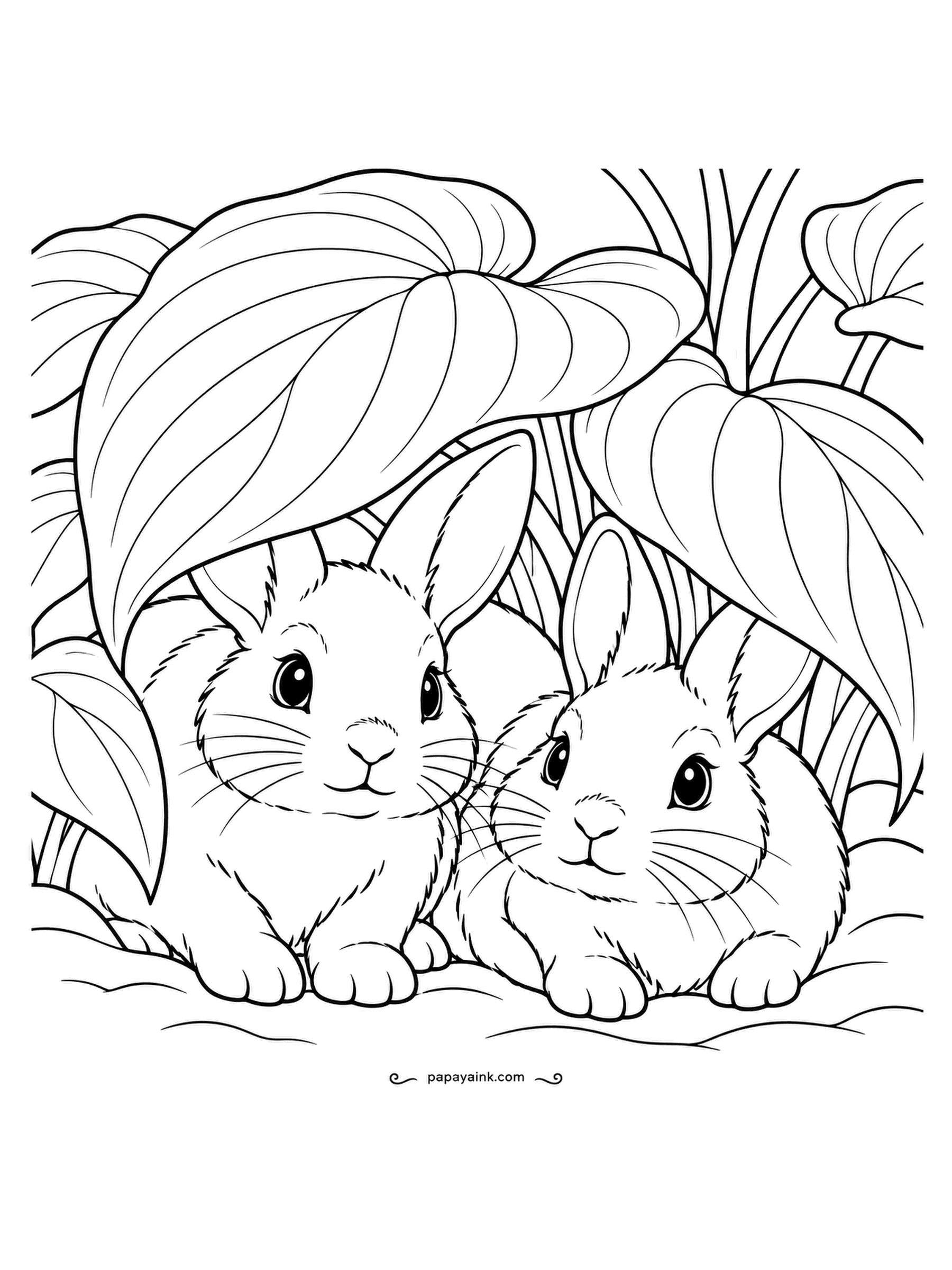 Garden Coloring Pages - Two young rabbits crouch under the big ribbed leaves of a hosta, ears up, noses twitching. The leaves are the main event - some hostas are striped cream and green, so feel free to vary the shades - and the rabbits stay plain brown.
