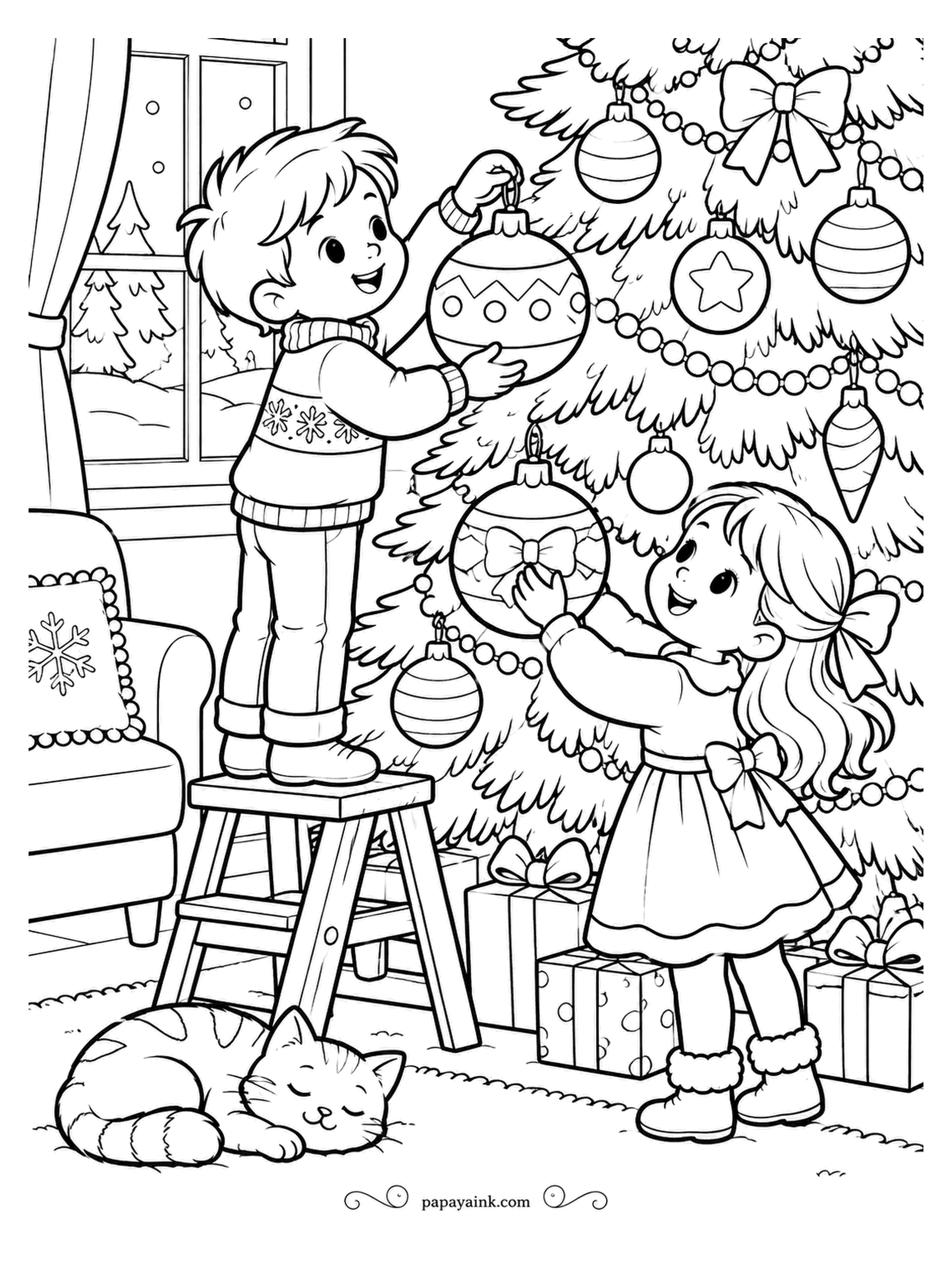 December Coloring Pages - The ornaments are nearly the size of the children hanging them, which is why the stool is involved. Baubles with stars, stripes and bows crowd the branches, and a tabby cat sleeps through all of it. Metallics work here if you have them.