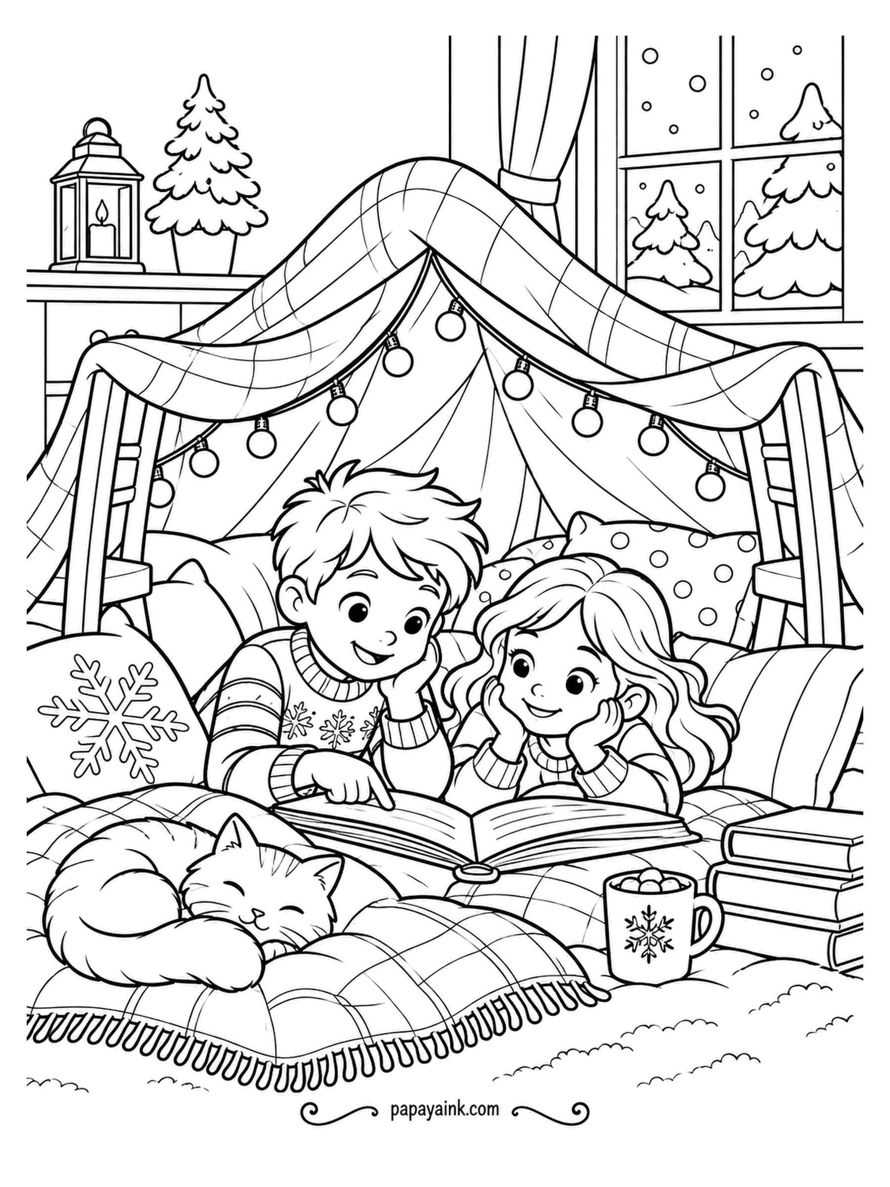 December Coloring Pages - Pillow fort with string lights, a shared book, and a cat asleep on the only cushion that is not holding up a wall. This is the indoor version of a snow day. Give the little bulbs along the string alternating tints.