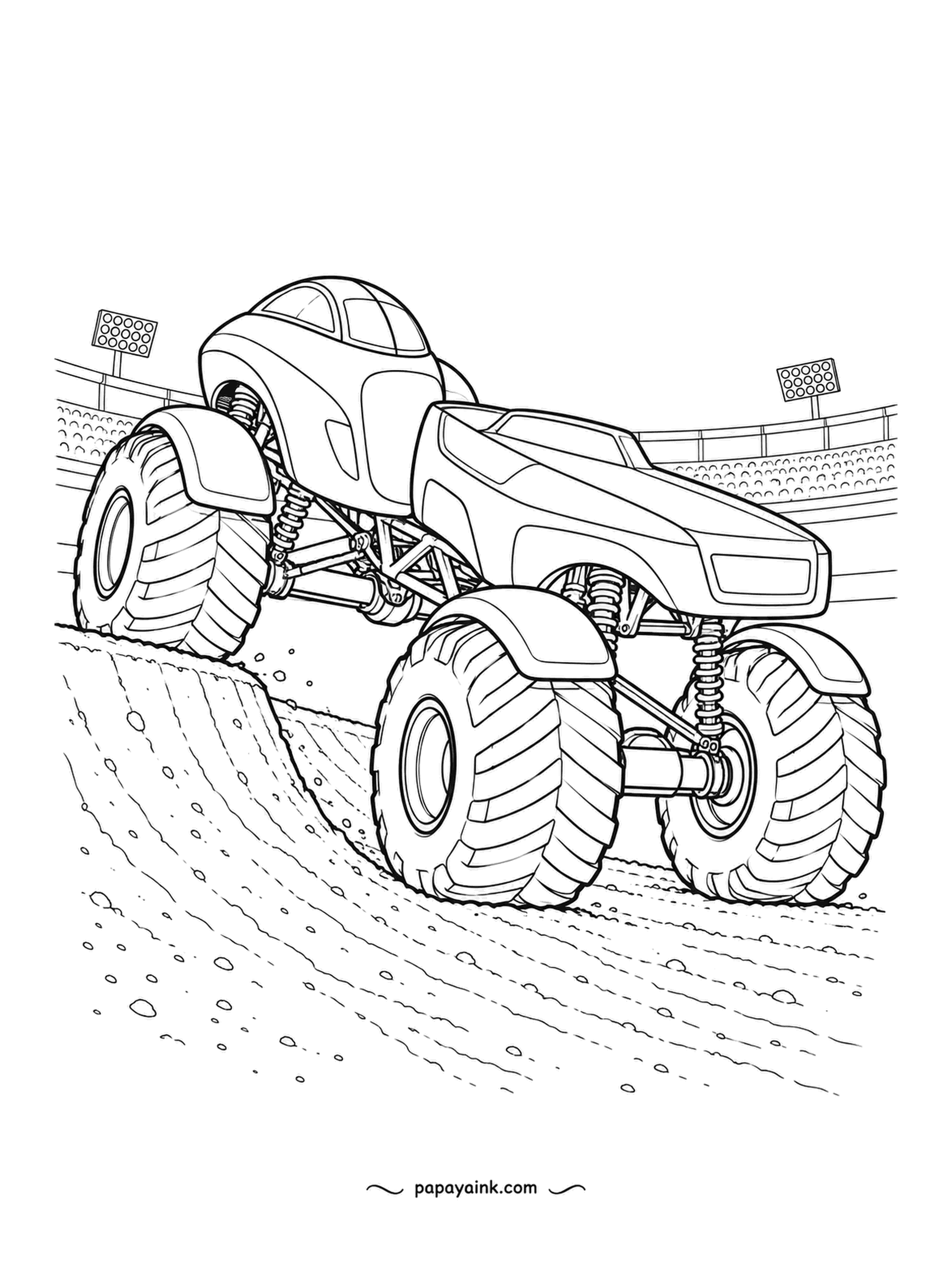 Monster Truck Coloring Pages - Climbing a banked dirt ramp under stadium lights, a bubble pod in front and a boxy pod trailing on the same frame. Lights on tall poles, stands far back. Detailed.