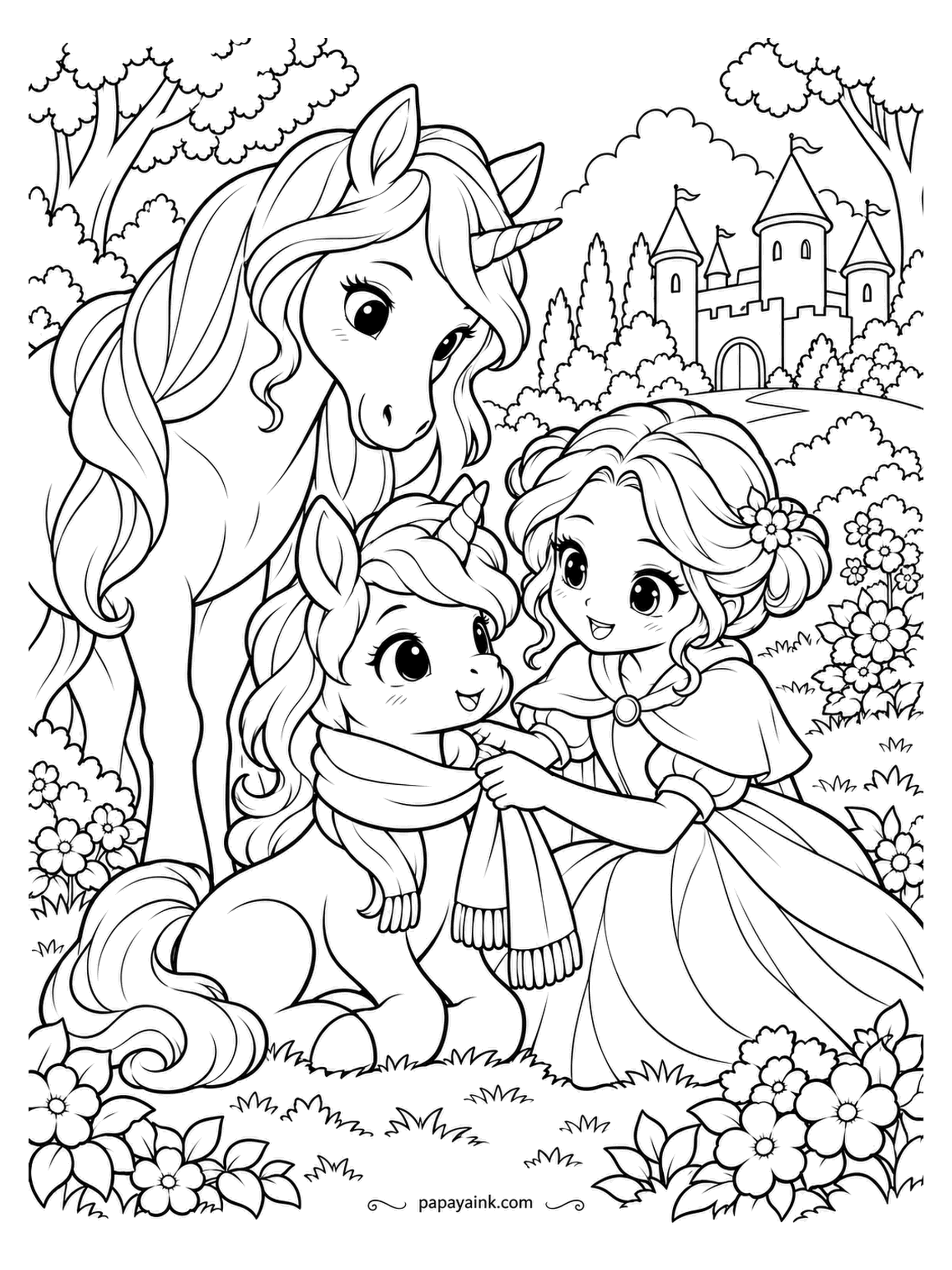Kawaii Princess Coloring Pages - The scarf is for the foal, and the foal is holding still. The princess knots it under his chin while the mother unicorn watches over her shoulder, mane down to the grass. Mane and scarf fringe alike - long strokes, two tones.
