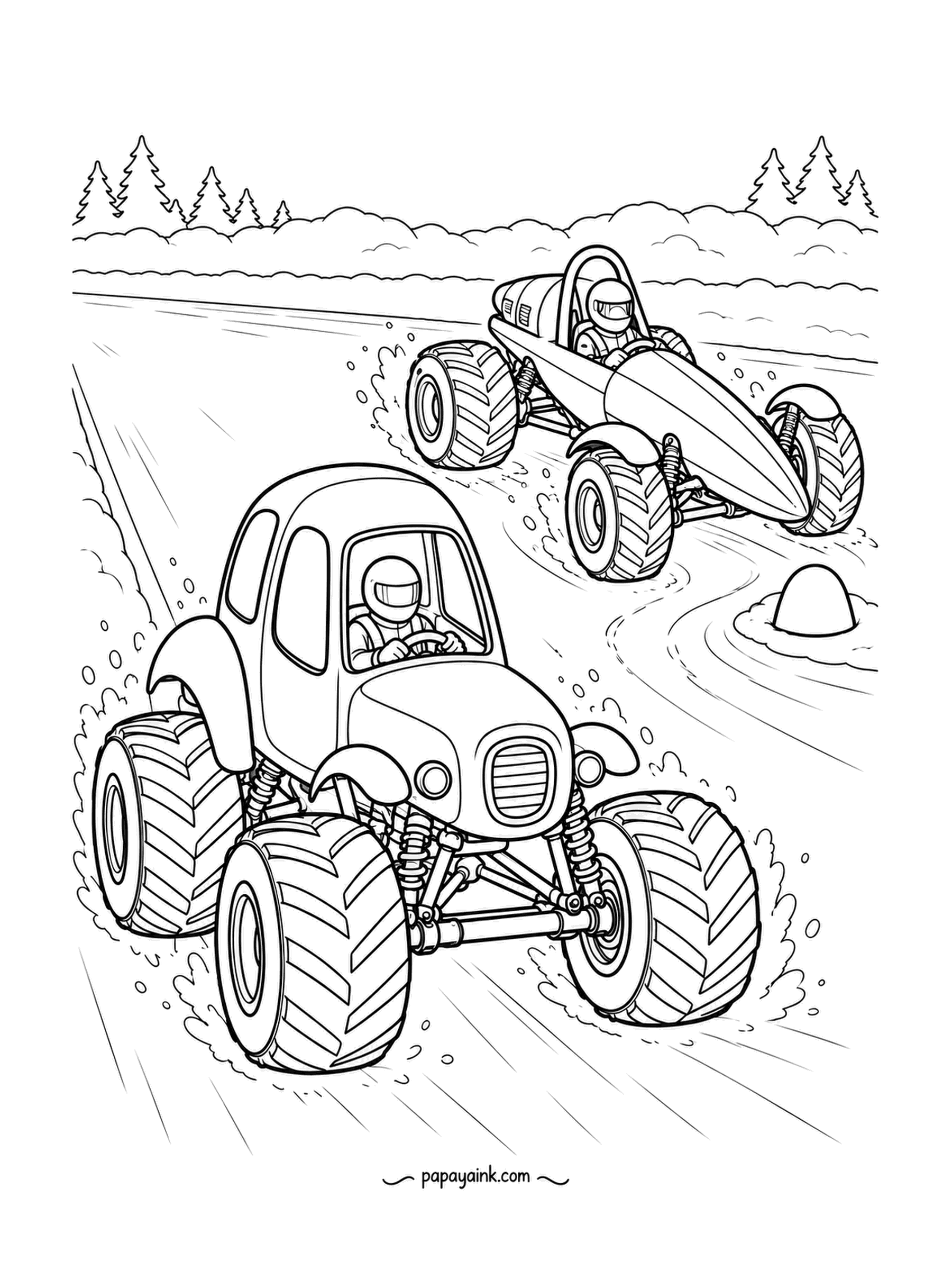 Monster Truck Coloring Pages - Ice straight, snow spraying off every tire: a bean-shaped upright cab leads, a rod-thin racer slides through the turn behind it, pines along the shore. Leave the ice white.