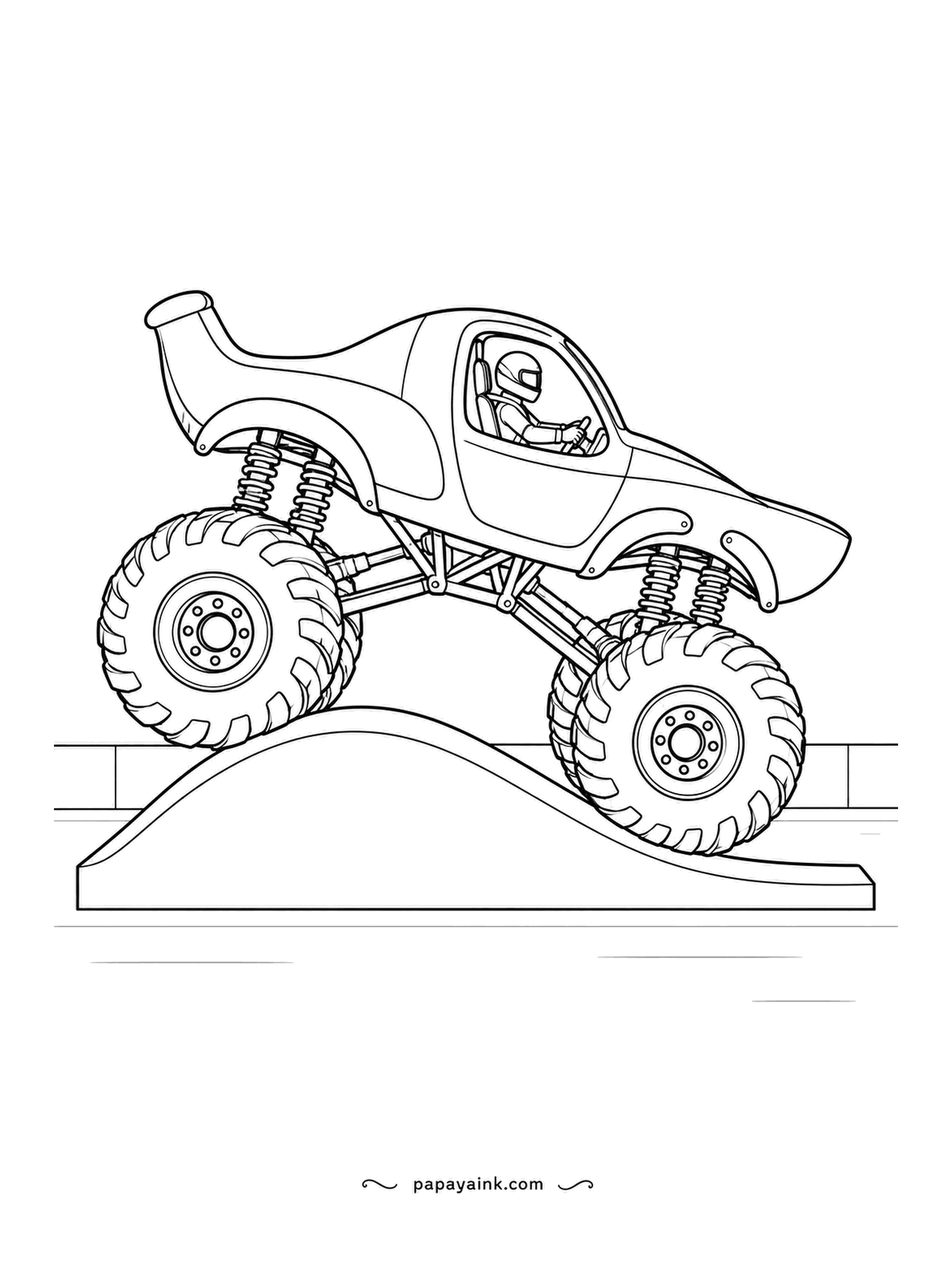 Monster Truck Coloring Pages - Wave platform test, front tires at the crest and rear on the dip, an upturned tail curling up behind the cab and the driver looking ahead. Plain floor. Orange body, grey wave.