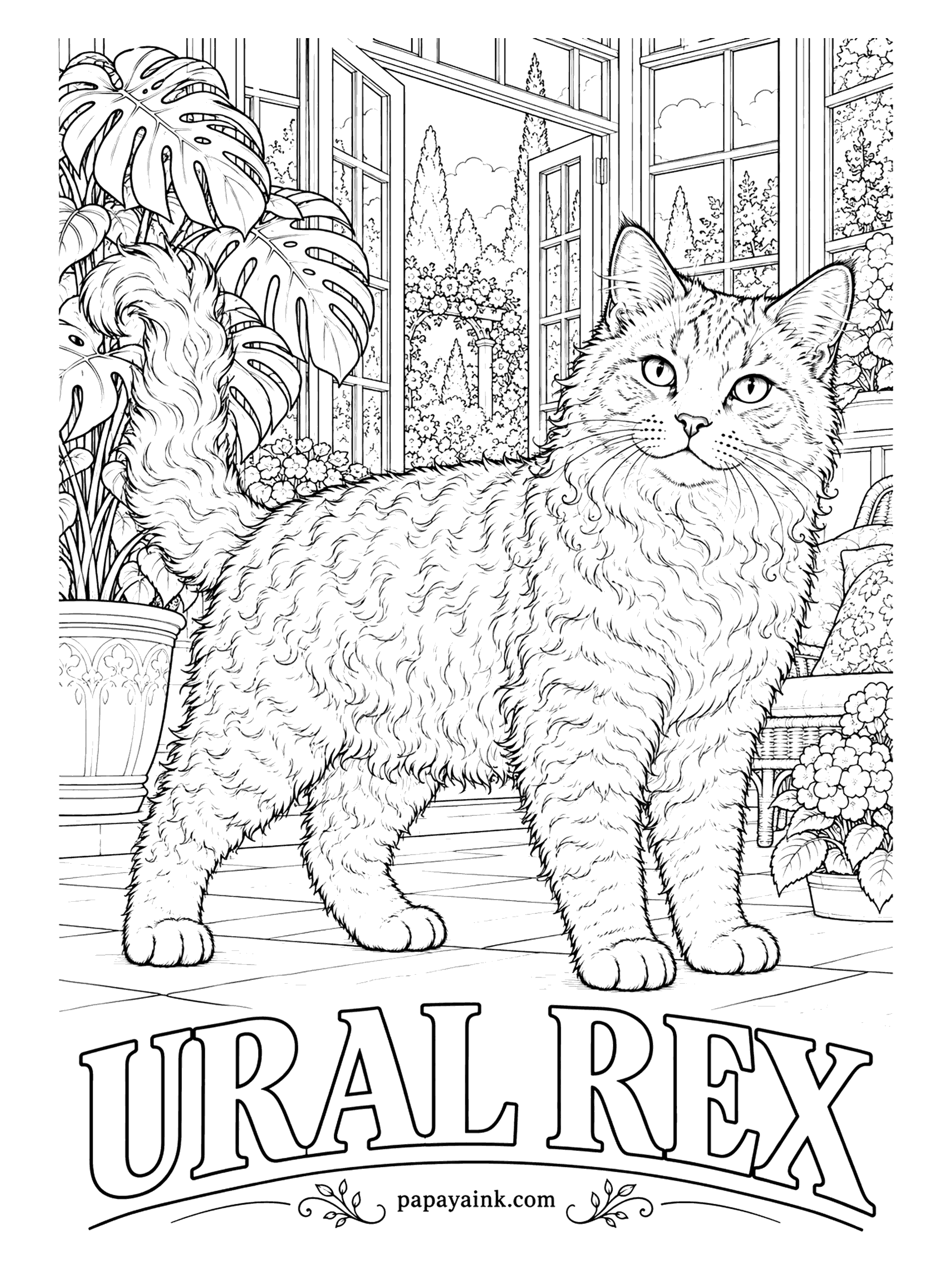 Free Printable Cat Coloring Pages - The Ural Mountains of Russia produced this rex, whose coat of gentle waves may take two years to curl fully. Ural Rex cats come in solid, tabby and bicolor coats. Follow each wave with a curved stroke, darker in the troughs.