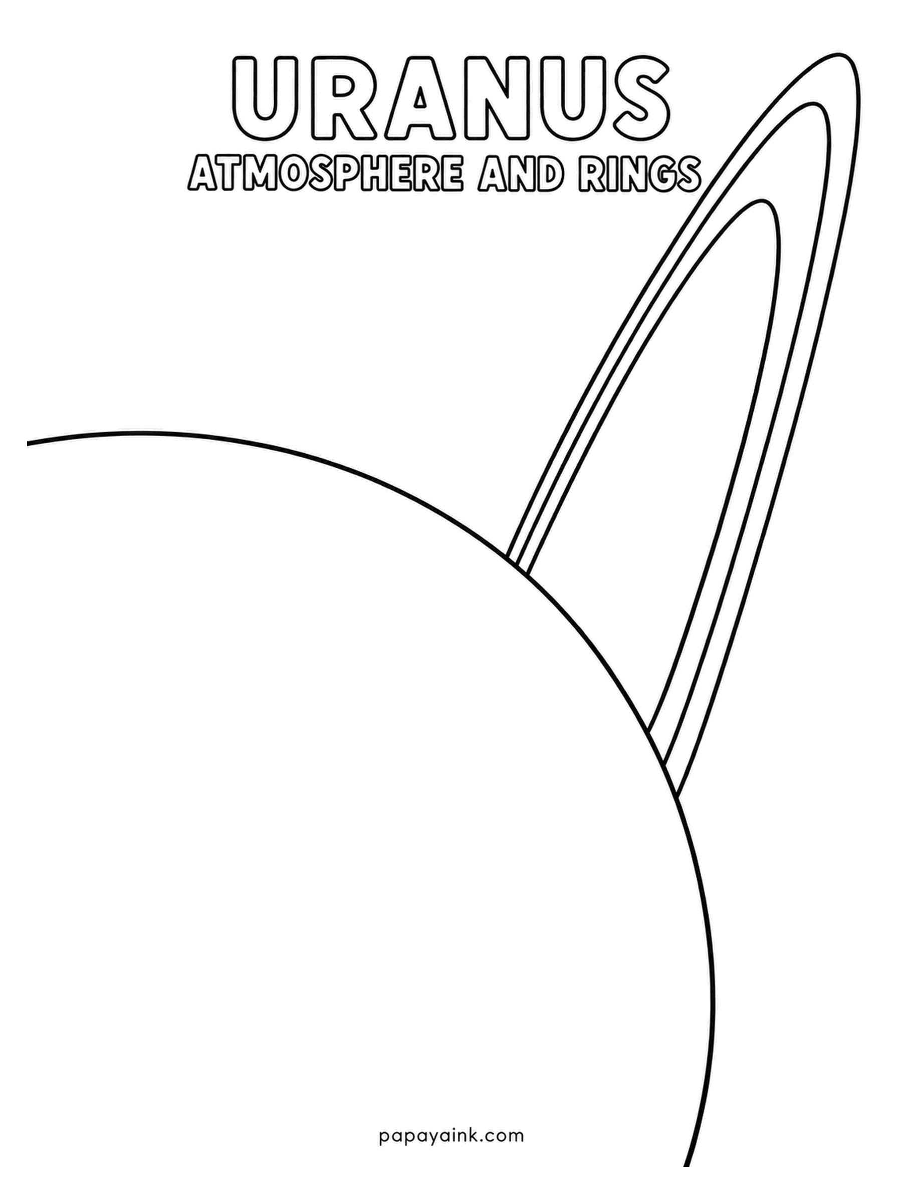 Planet Coloring Pages - Uranus atmosphere and rings: the pale curve of the planet in the corner and the narrow ring arcing up past it, close enough to see its layers. Soft aqua for the globe, charcoal rings, and black space between.