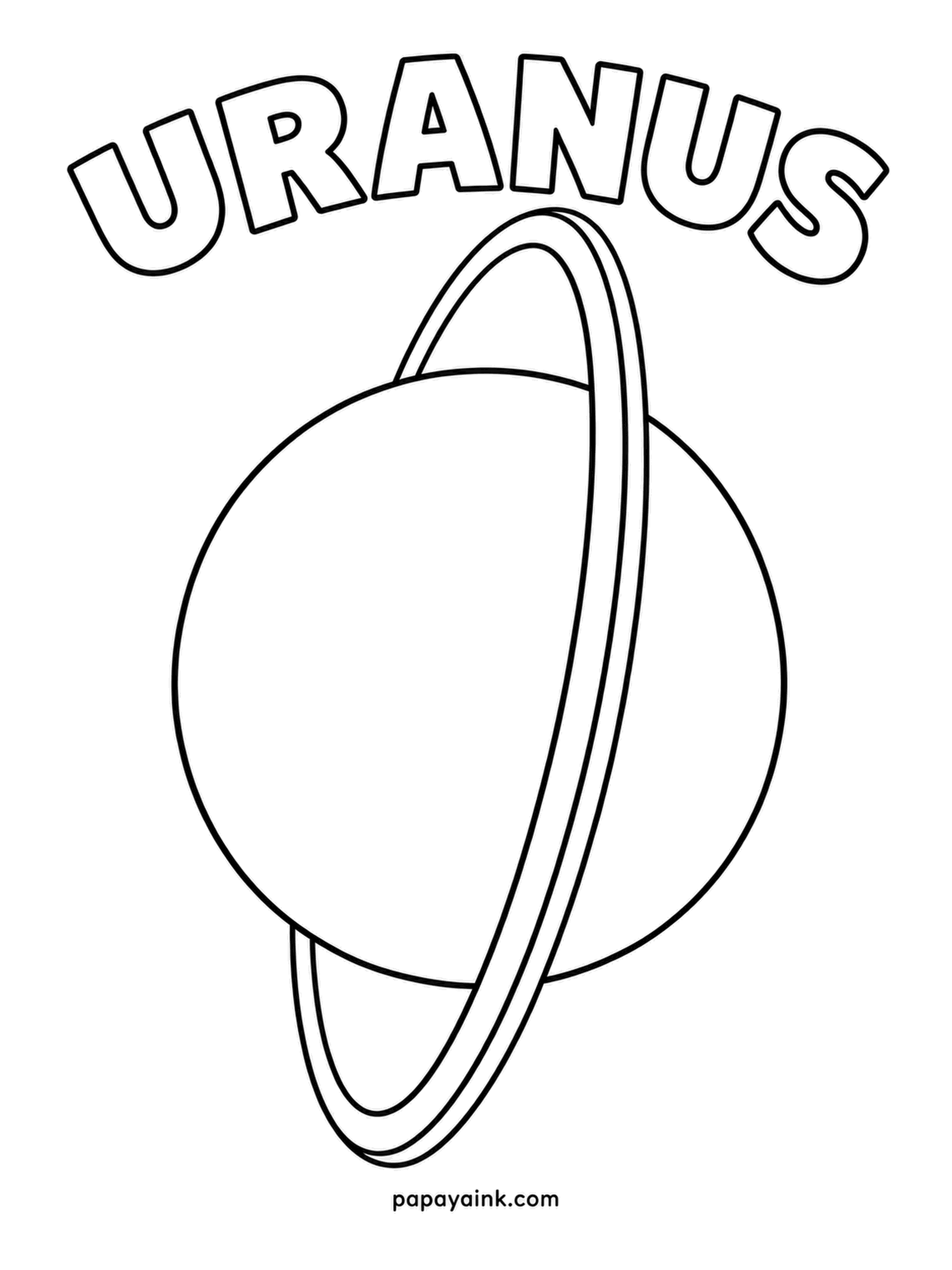 Planet Coloring Pages - Uranus rolls around the Sun on its side, which is why its narrow ring stands almost upright here instead of lying flat. A smooth, milky cyan all over, with a slightly deeper tone at the edges, matches the real planet closely.