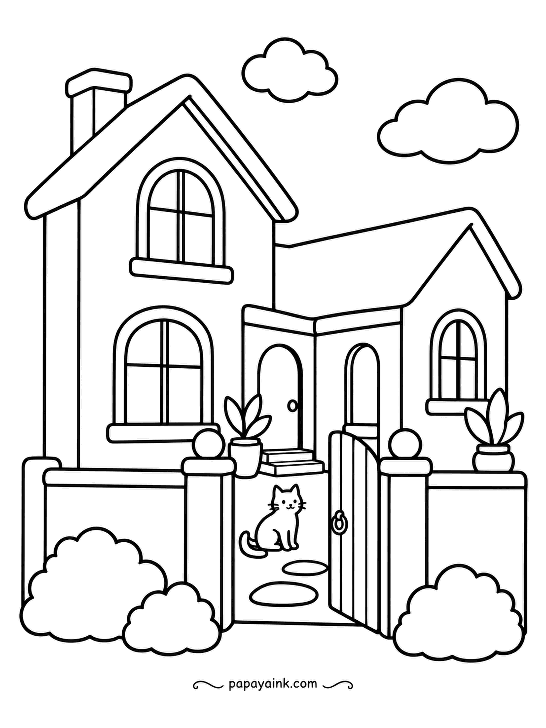 House Coloring Pages - A courtyard house behind a low wall, with the gate standing open and a cat on the path as if expecting someone. Two gables, arched windows, clouds overhead, bushes by the wall. Thick lines, clean shapes - an easy one.