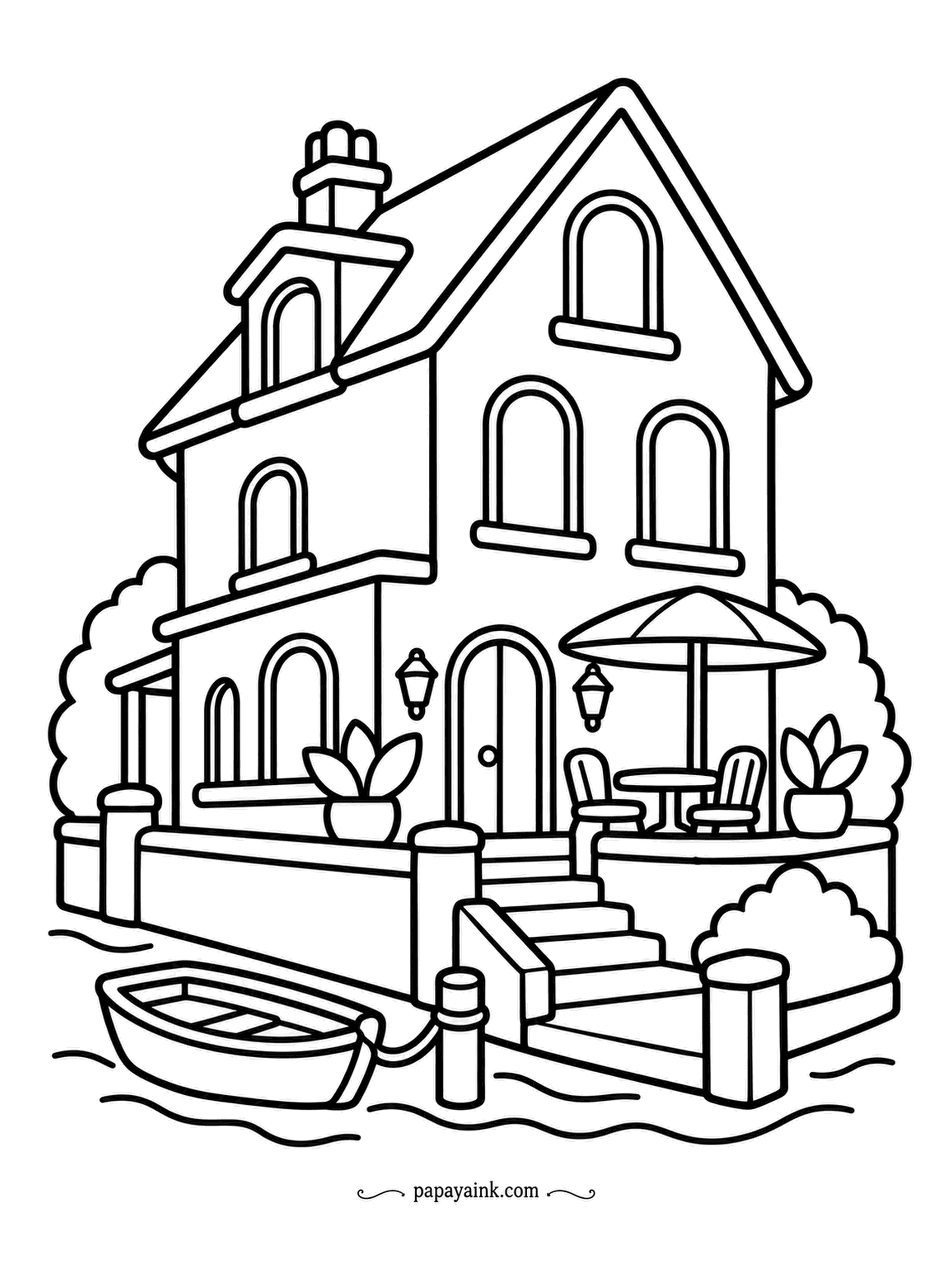 House Coloring Pages - Three floors of arched windows on a narrow waterside house, with a terrace, an umbrella table and a rowboat tied to the dock. Canal-house colors suit it: deep red, dark green or black trim.