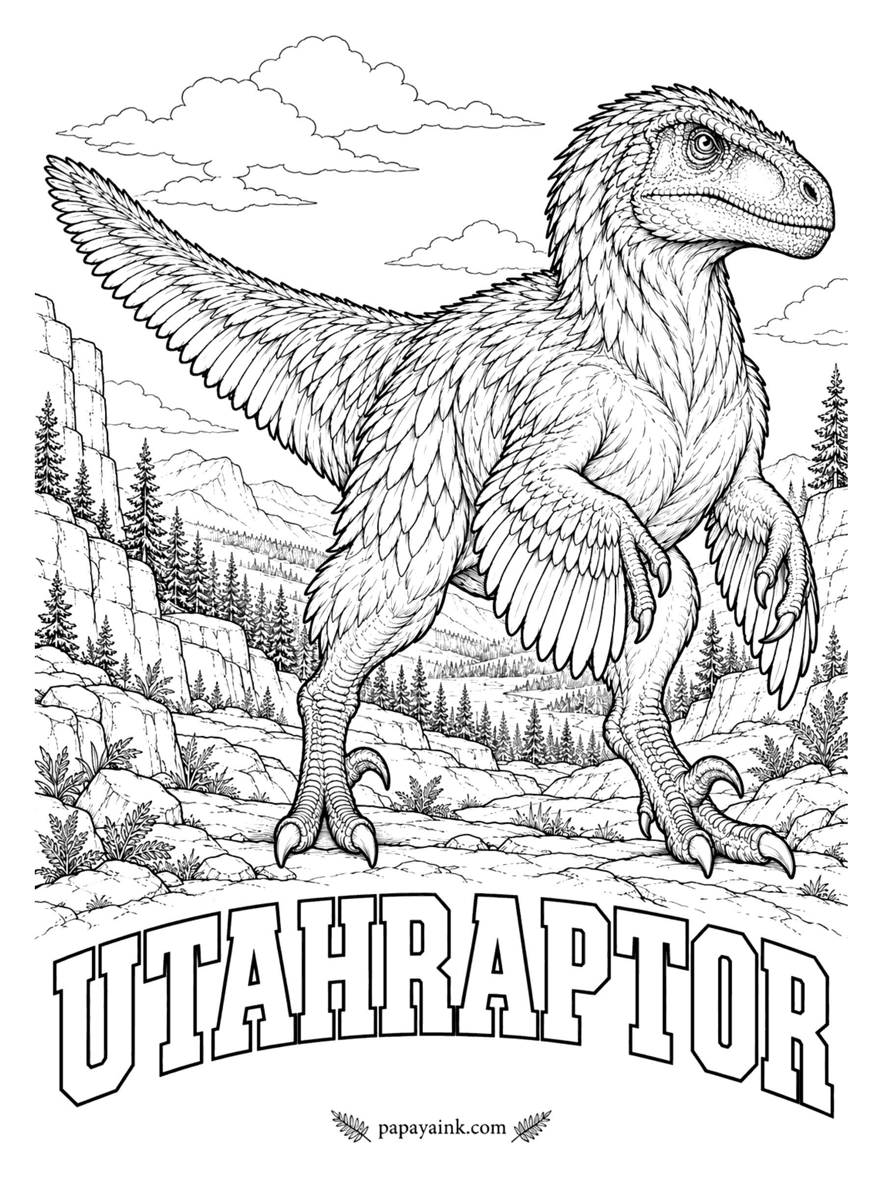 Free Printable Dinosaur Coloring Pages - Giant raptors turned out to be real. Utahraptor (YOO-tah-RAP-tor, Utah's thief) was described in 1993 and is the largest raptor known: a meat-eater up to about 20 feet long with a nine-inch sickle claw on each foot, almost certainly feathered. Utah, about 135 million years ago.