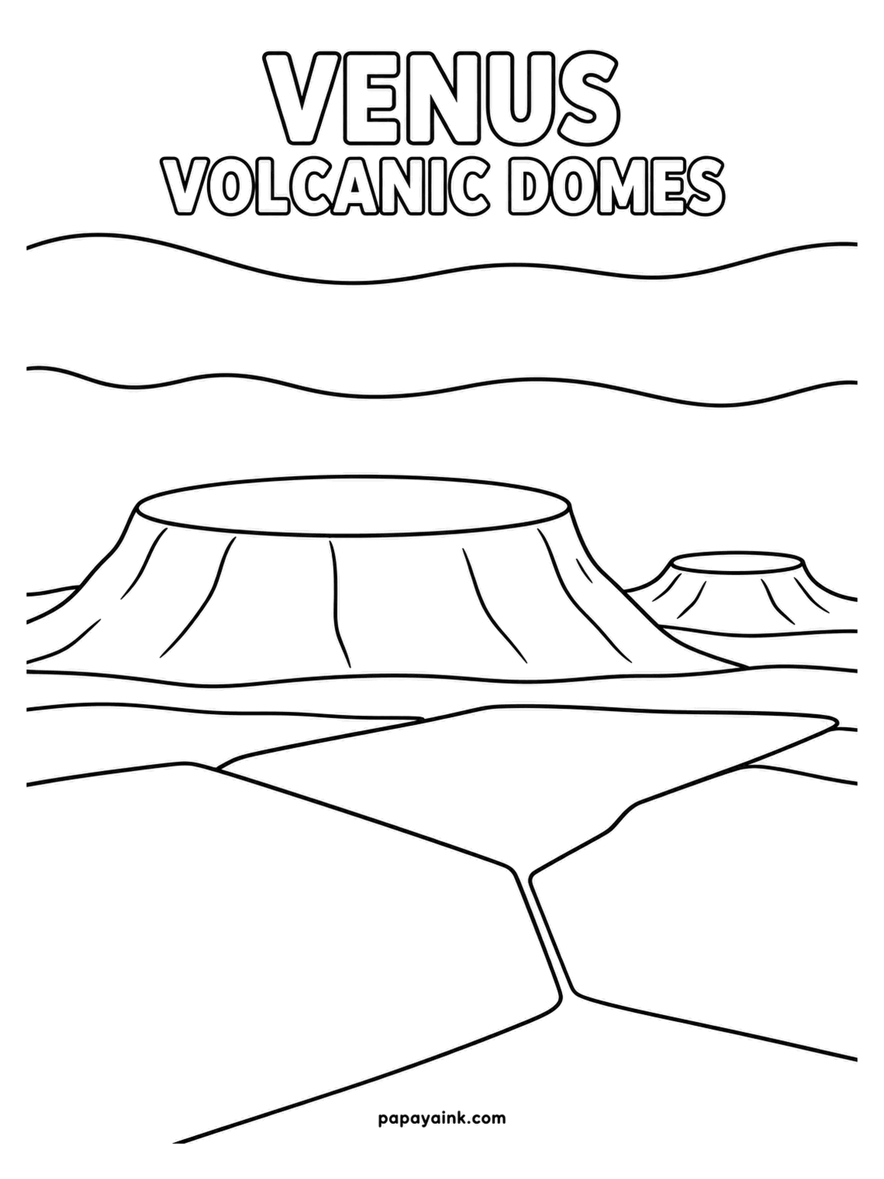 Planet Coloring Pages - Venus volcanic domes, the flat-topped pancake volcanoes that exist nowhere else, sitting on a cracked plain under layered clouds. Sulfur yellow overhead, tan domes, and a darker ochre in every crack.