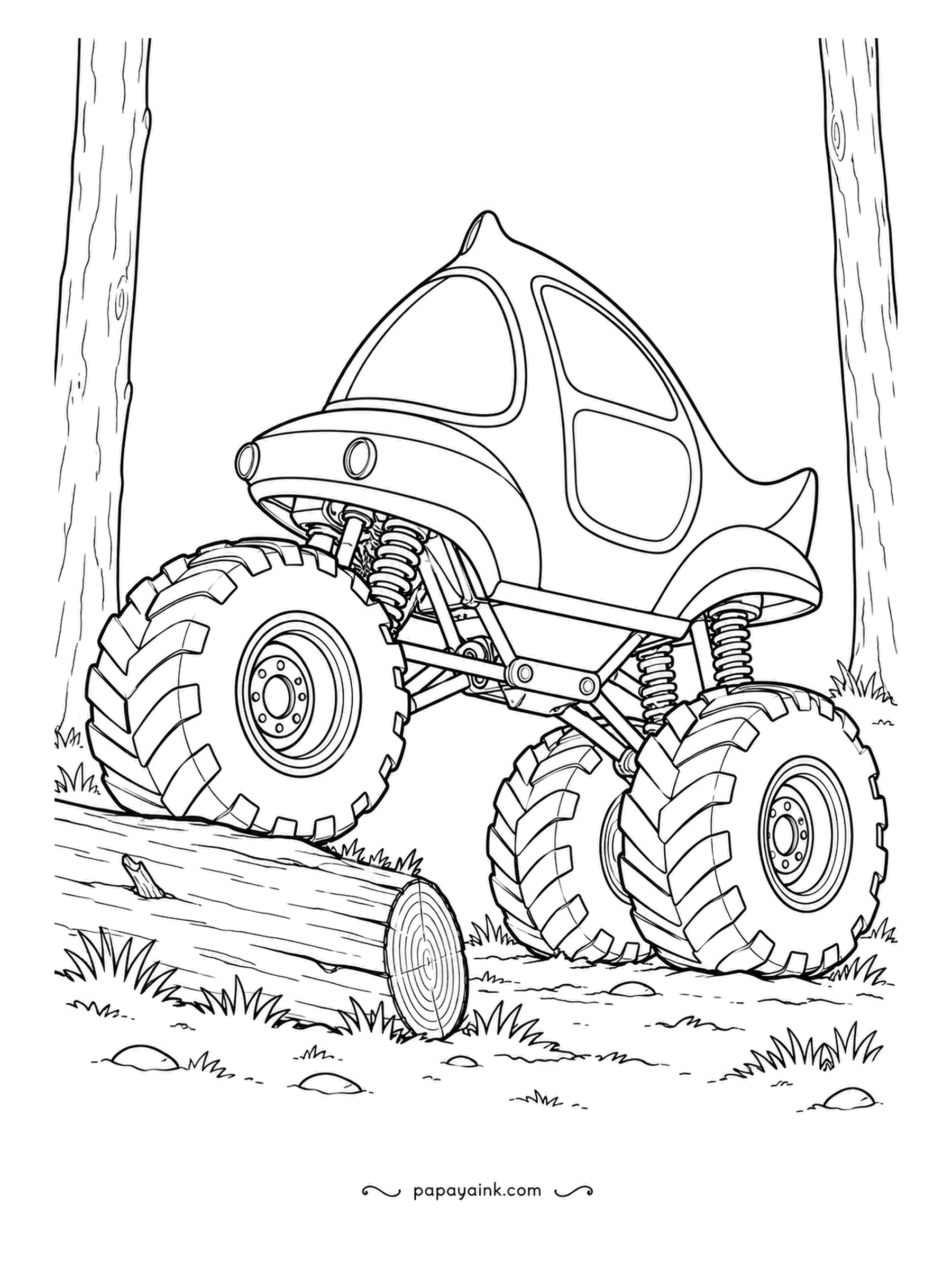 Monster Truck Coloring Pages - High cab, fin on the roof, one front tire already over a fallen log in a pine forest. Tree trunks rise out of frame at the top. Browns and greens for the forest, something loud for the truck.