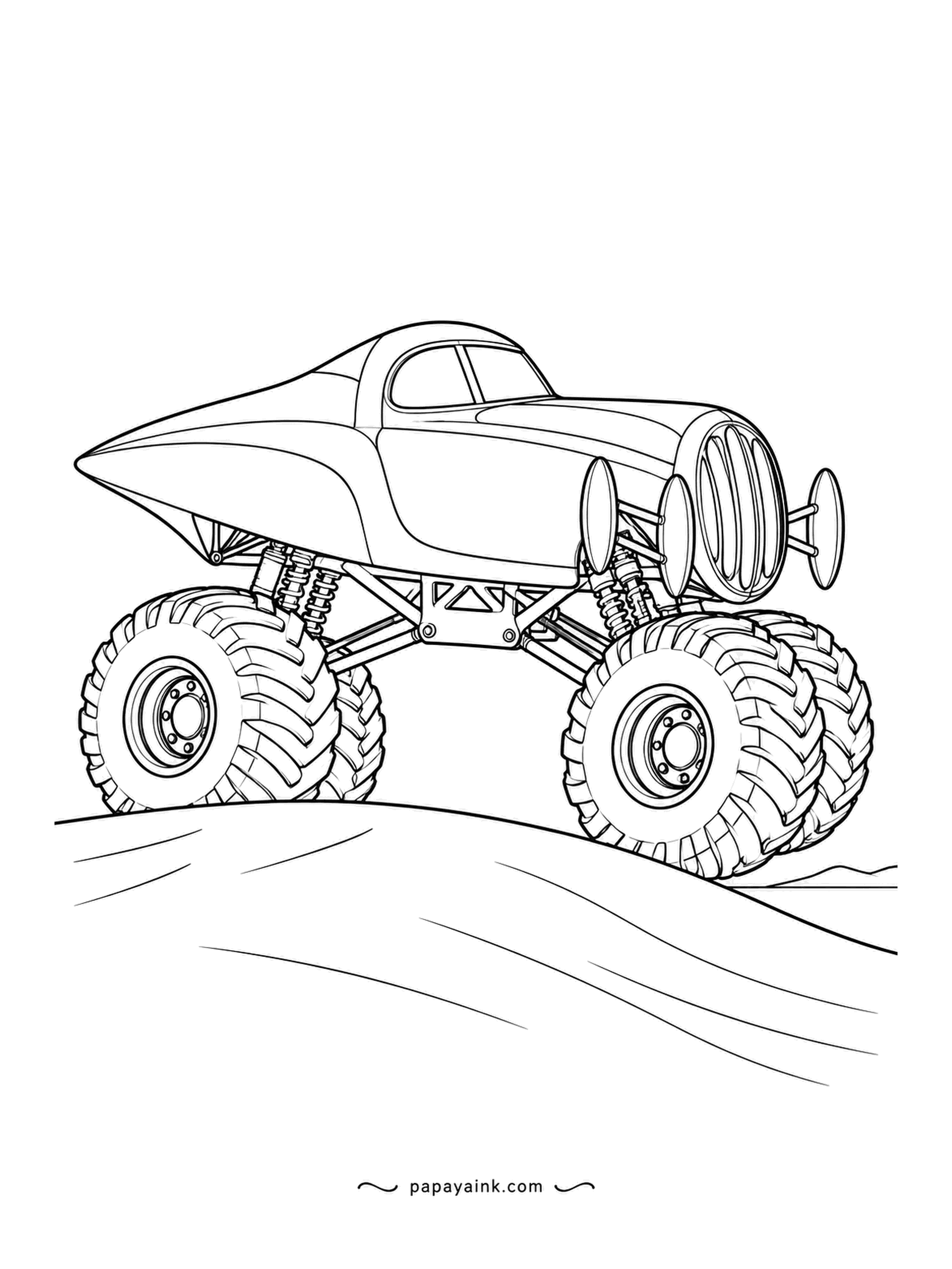 Monster Truck Coloring Pages - Streamliner with a pointed nose and a stack of round grille discs at the tail, crossing the crescent of a dune. Nothing in the background but sand lines. Chrome discs, dark tires, bold body.