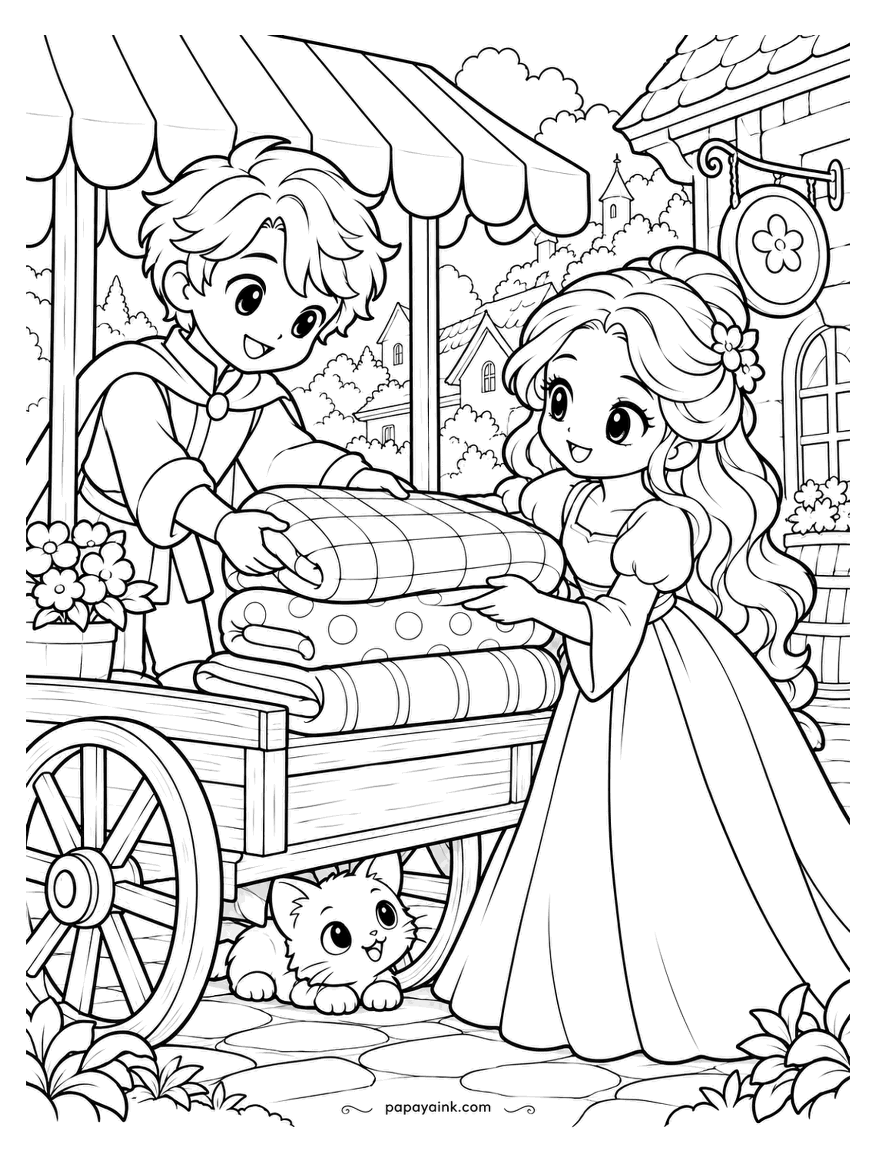 Kawaii Princess Coloring Pages - Blanket cart, open for lending. The prince lifts the checked one on top, the princess squares the pile, and the kitten under the axle has chosen the cart as a blanket of its own. Plaid, polka dots and stripes - three patterns, one stack.