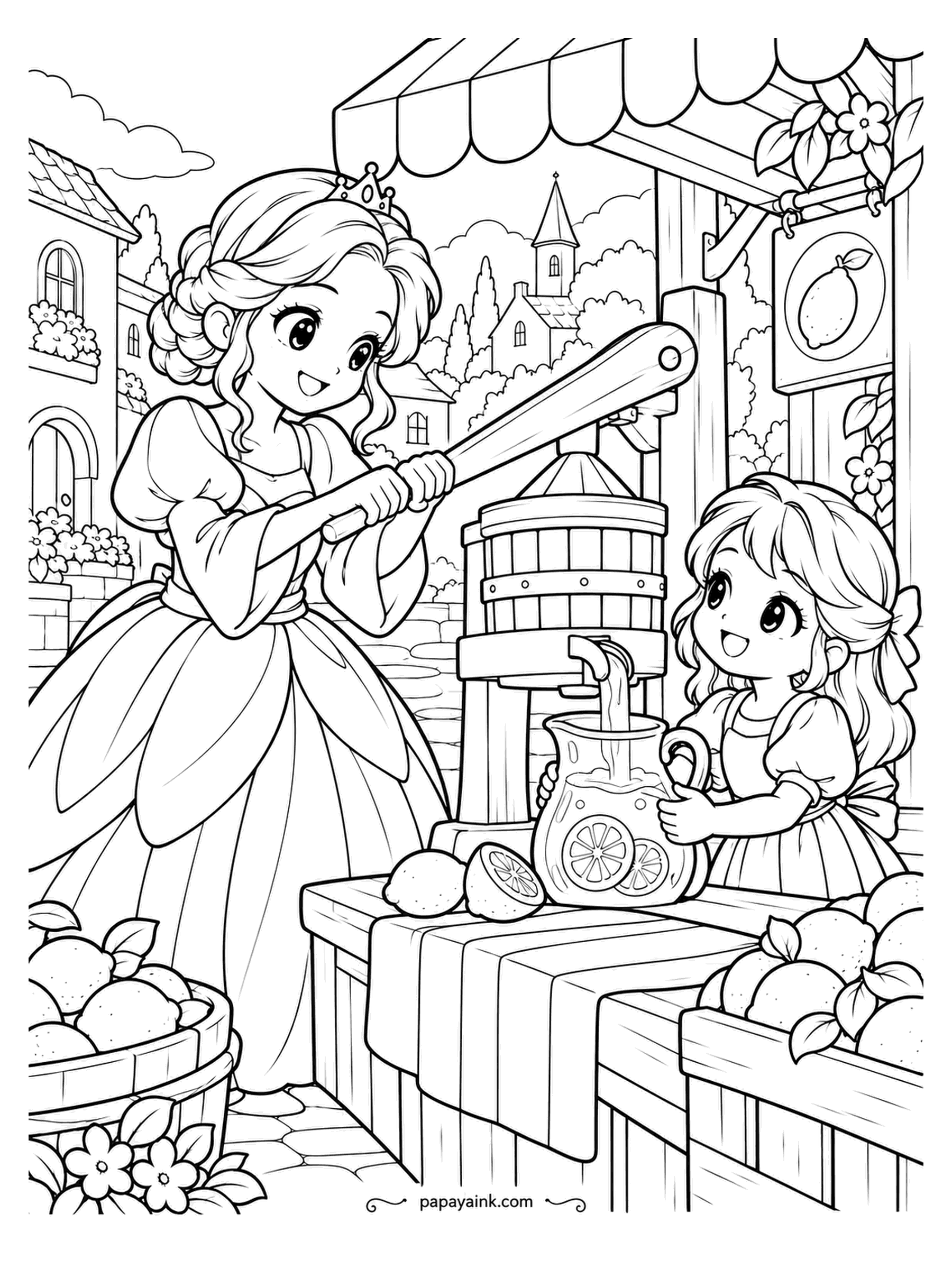 Kawaii Princess Coloring Pages - Lemonade at the village stall. The princess pulls down on the press lever, juice runs into the pitcher, and the smaller princess holding it is the quality inspector. A lemon on the sign, lemons in every basket - yellow does most of the work here.