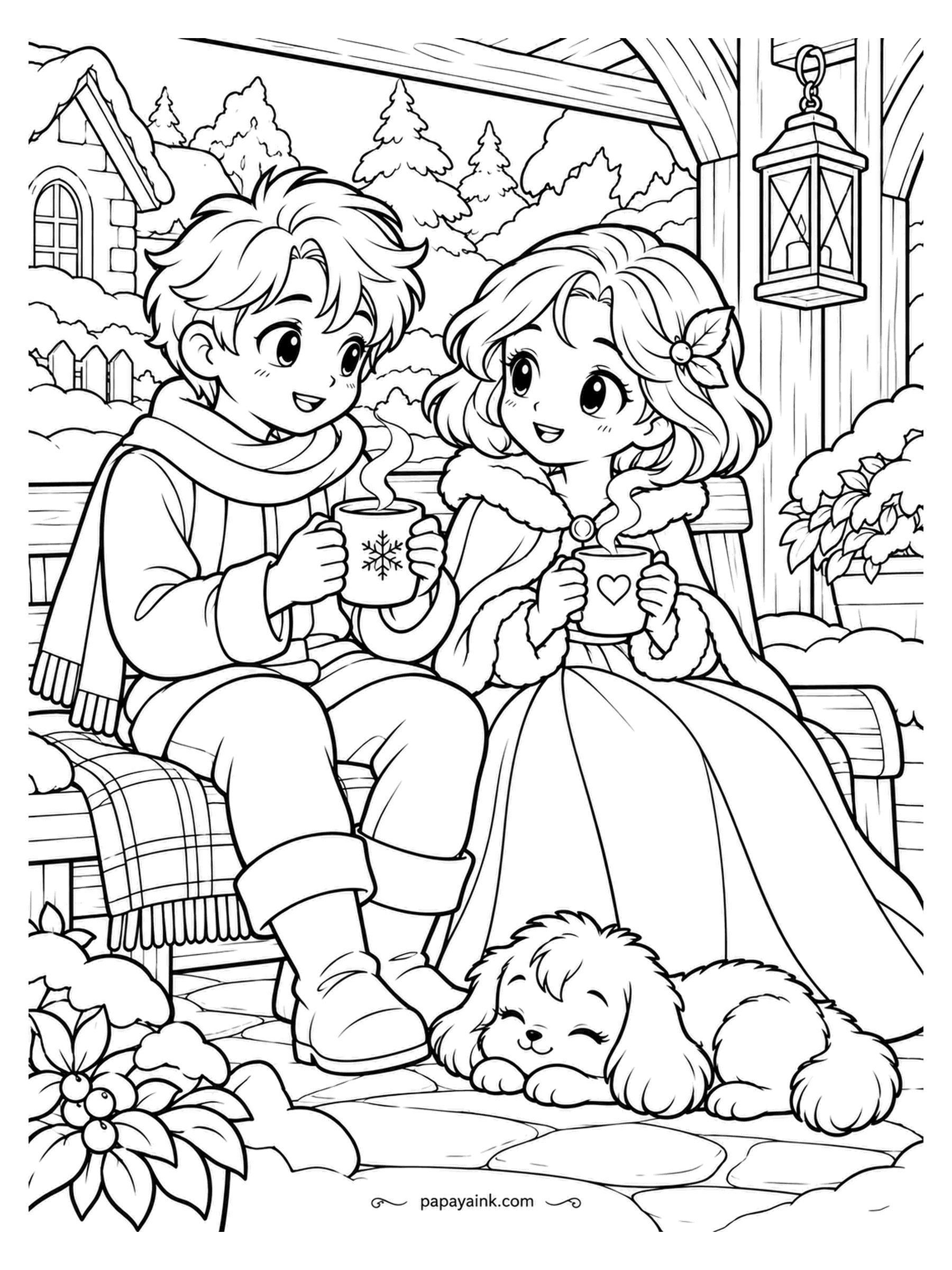 Kawaii Princess Coloring Pages - Cold morning, hot mugs. The prince in his scarf and the princess in her fur-trimmed cape sit on the garden bench with steam rising from both cups, and the puppy has fallen asleep on her hem. Snowflake on one mug, heart on the other.