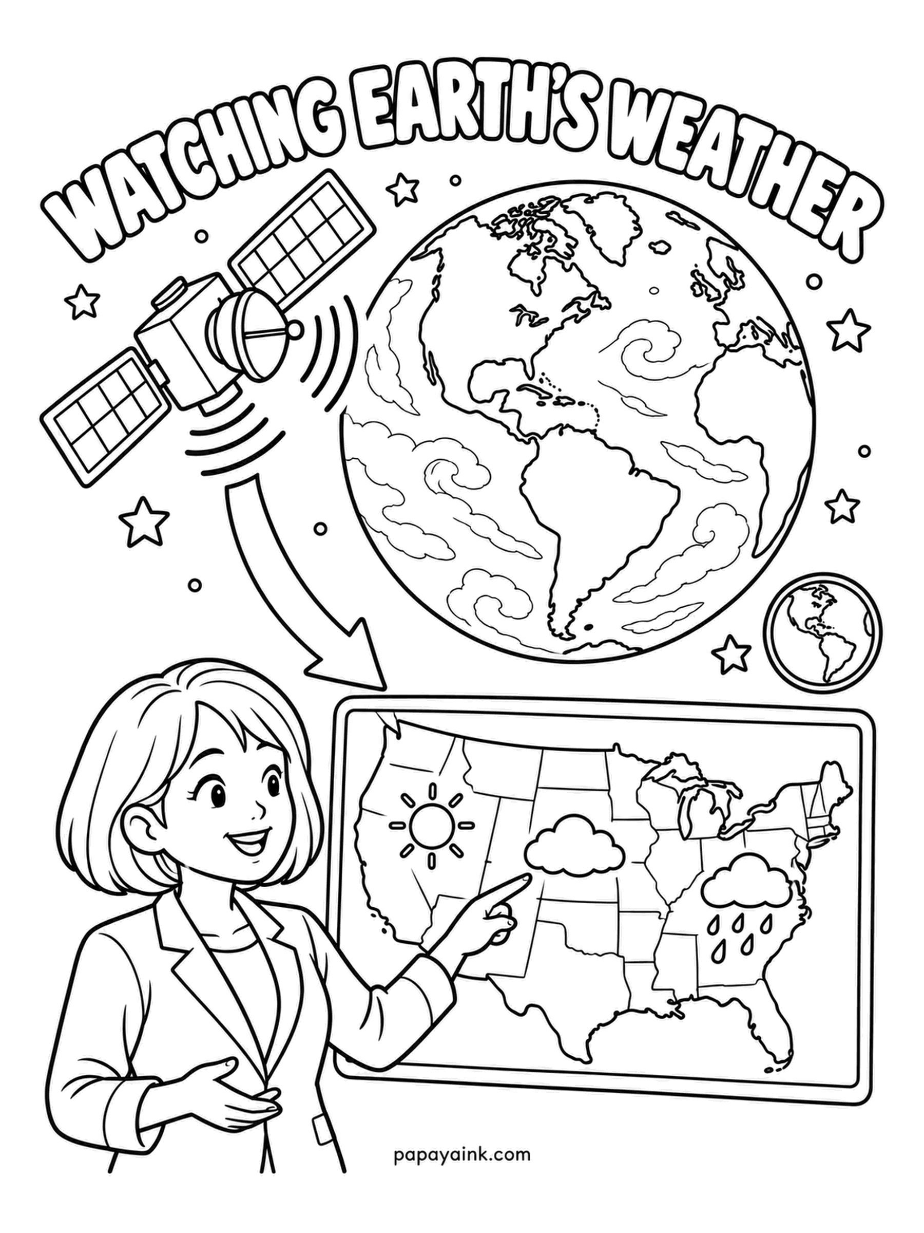 Earth Coloring Pages - From orbit to the forecast: the satellite sends its view of the clouds to a presenter pointing at a national map with sun on one side and rain on the other. Tomorrow's weather starts in space. Sunny yellow and stormy gray on the map.