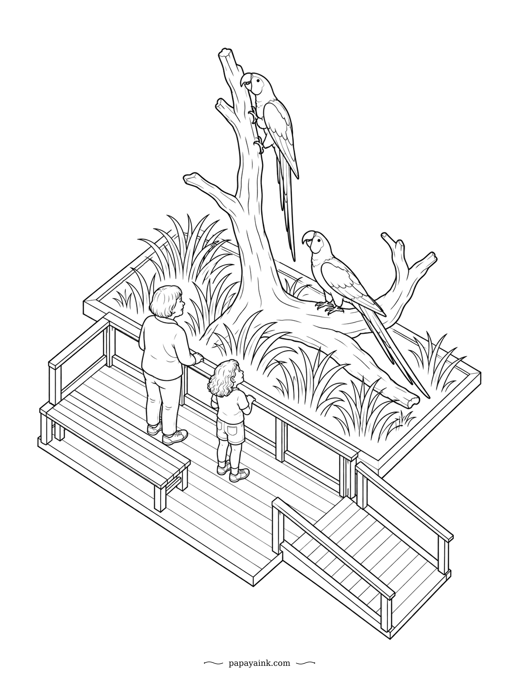 Parrot Coloring Pages - From the raised walkway, two visitors get a close look at the macaws on a dead tree. One climbs the trunk with beak and feet together, the way macaws do. Isometric decking and railings, plenty of straight lines.