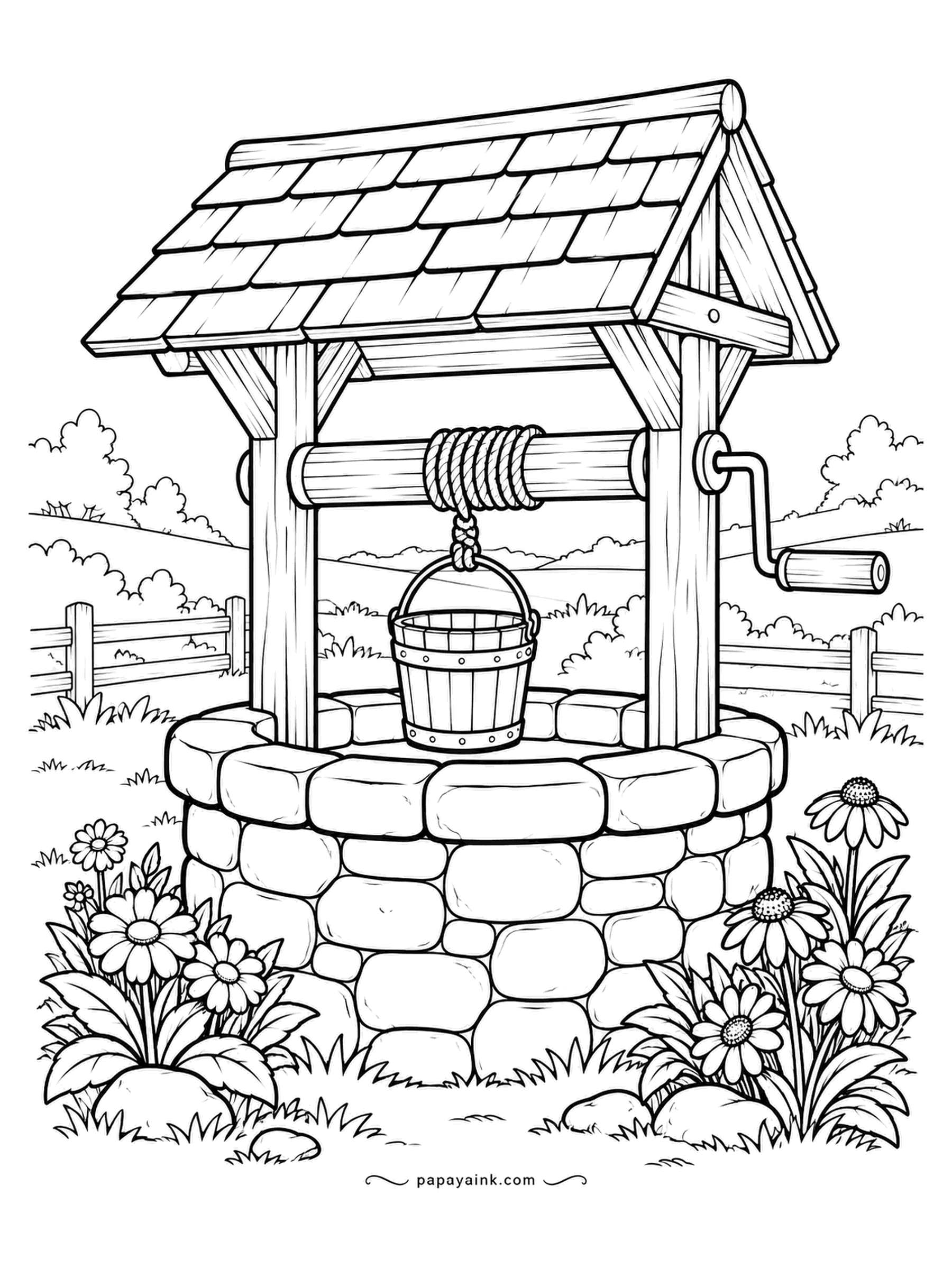 Farm Coloring Pages - Stone well under a shingled roof, the bucket hanging from a rope wound around the windlass, crank handle out to the side. Daisies crowd the base on both sides. Shingles and stones give two textures to alternate between.