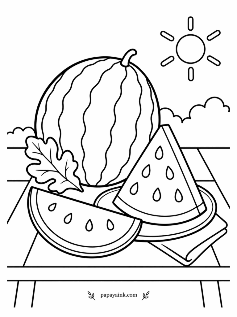 Fruit Coloring Pages - A watermelon on a picnic table, a wedge propped against its rind and a half-moon slice beside it, under a sun that is clearly not going anywhere. Alternate dark and light green on the stripes, then fade the flesh from pale pink at the edge to deep red in the middle.