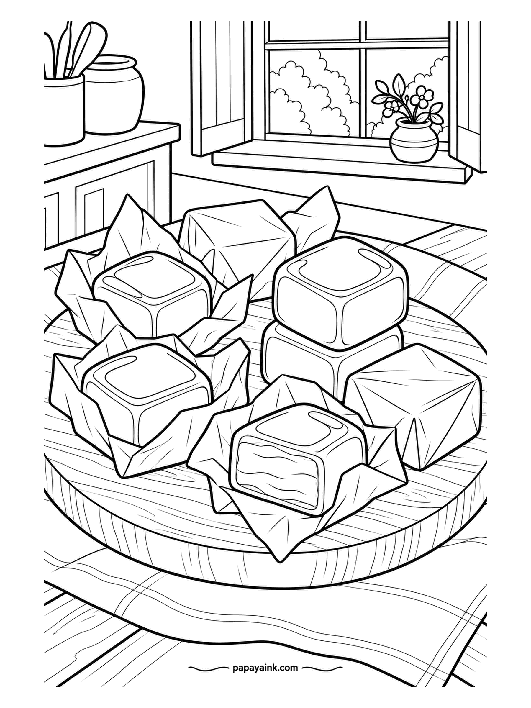 Candy Coloring Pages - Caramel cubes in twisted wax paper on a round board at the counter, a few unwrapped and shiny, the kitchen window and a flowerpot beyond. Amber caramels, wrapping left white or cream.