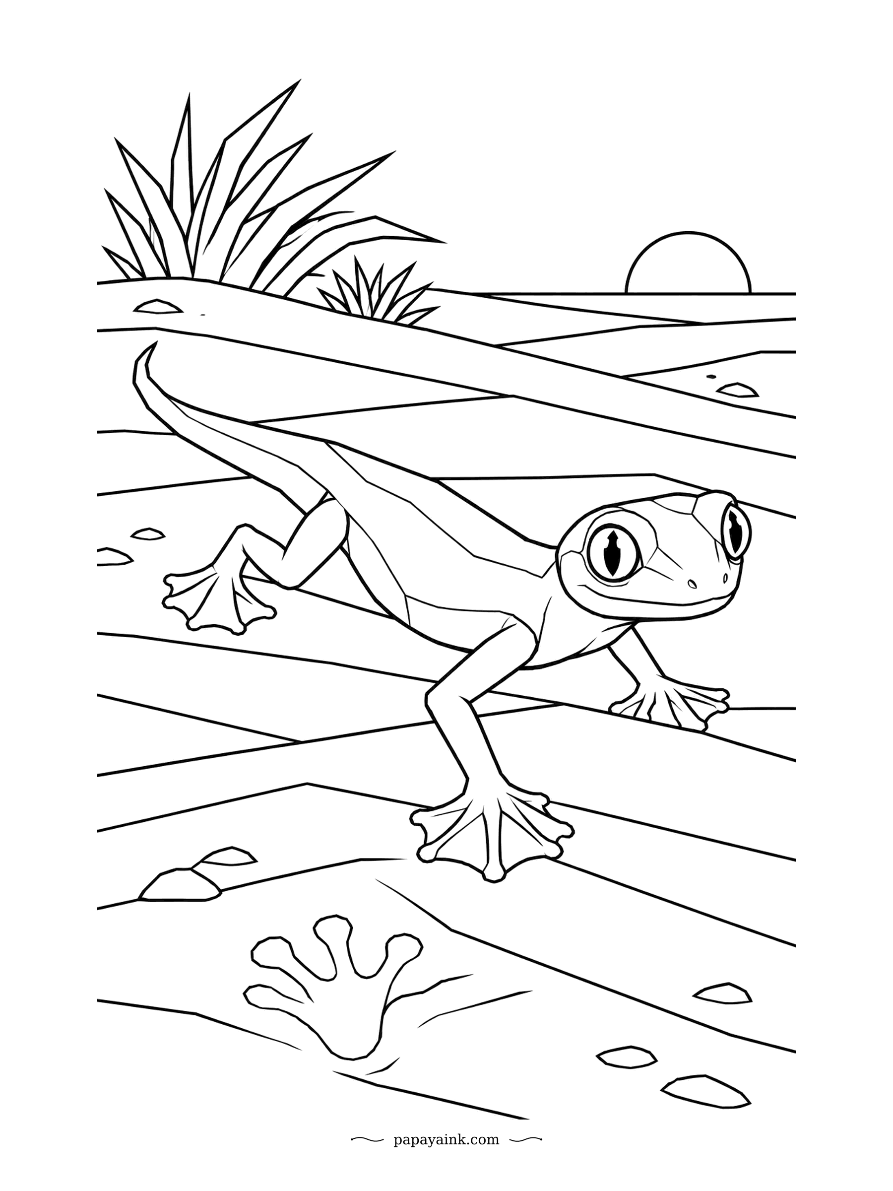 Lizard Coloring Pages - Web-footed geckos use webbed feet like snowshoes on loose sand dunes. This one leaves a clear print behind with every step. Large eyes, angular dunes and very few lines.
