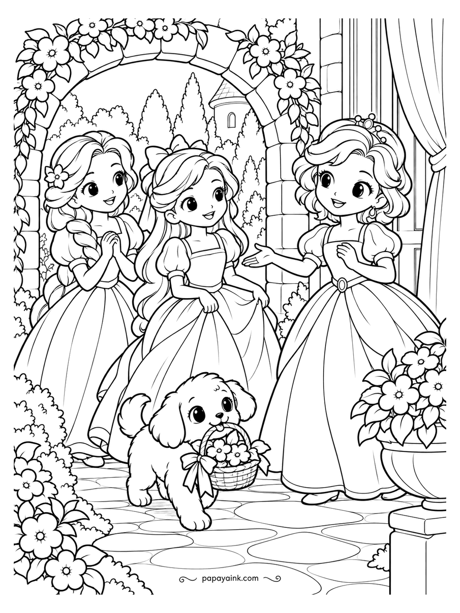 Kawaii Princess Coloring Pages - Guests at the garden arch. The princess with the tiara waves the visitors in, and the puppy arrives with a flower basket in its mouth, which was not in the plan. Dresses in a row - three colors that sit well together.
