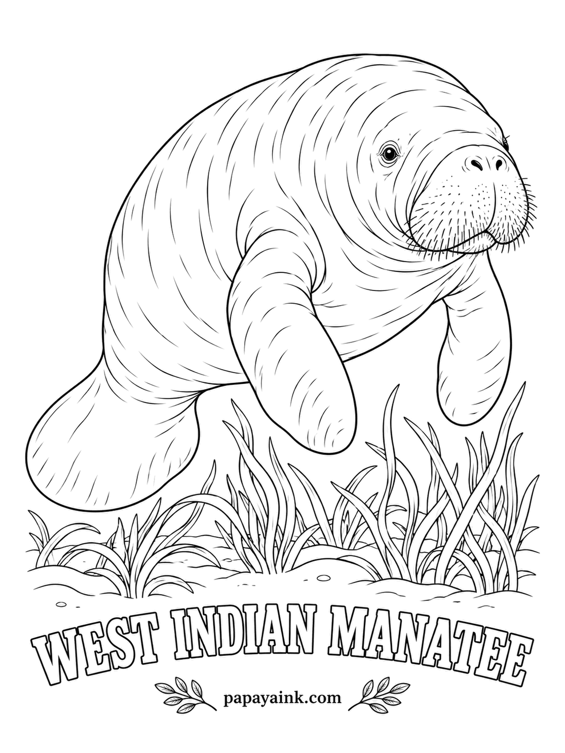 Sea Creature Coloring Pages - A Florida manatee moves at the pace of a slow walk and spends most of the day eating. The split upper lip grabs seagrass like a hand. Plain gray, often with a greenish tint on the back where algae grows, over bright green grass.