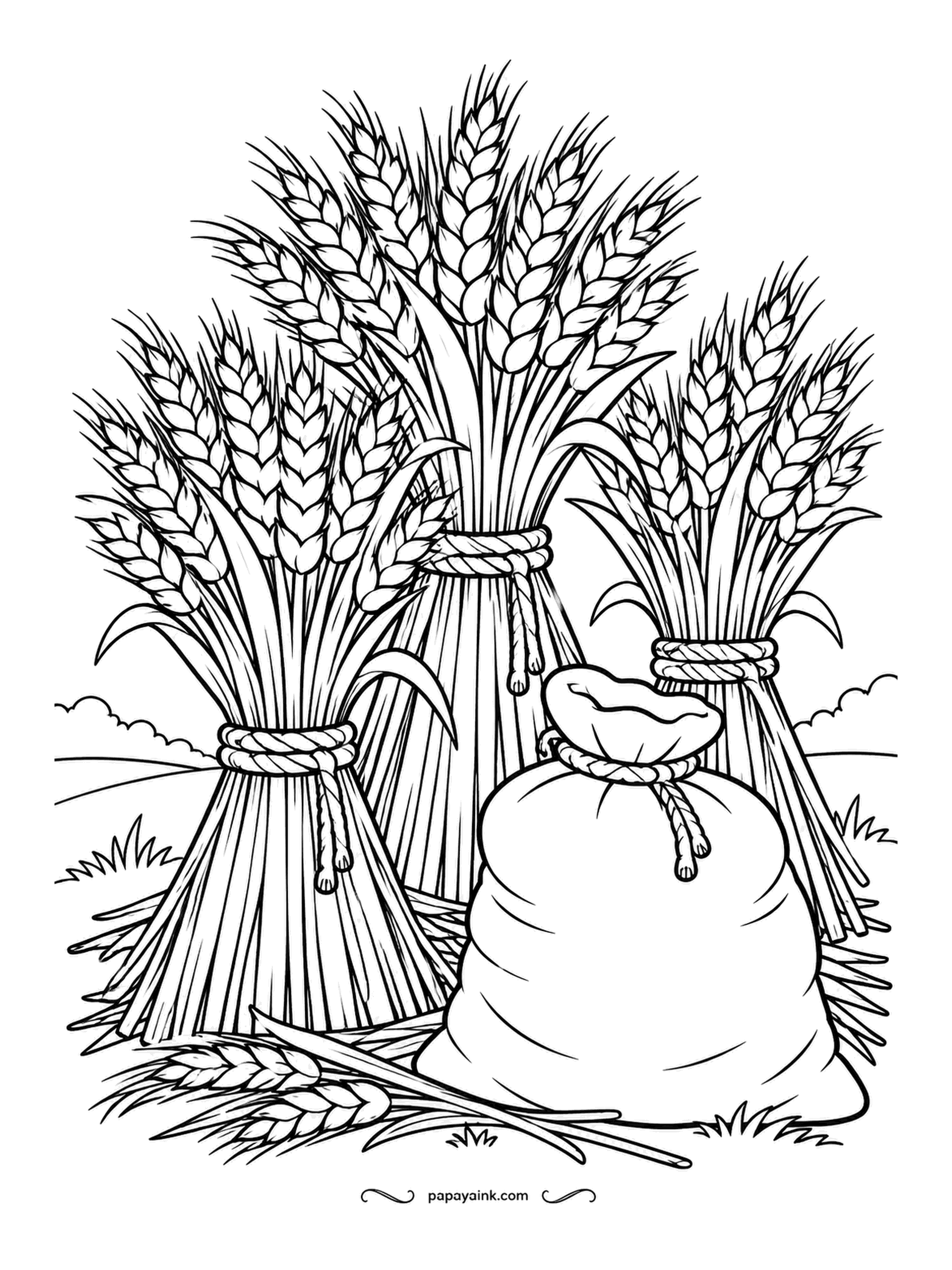 Farm Coloring Pages - Wheat sheaves tied with twine standing beside a tied sack of grain, loose stalks on the ground. The ears go kernel by kernel. Detailed - gold and straw tones throughout, with the sack in a plain unbleached cream.