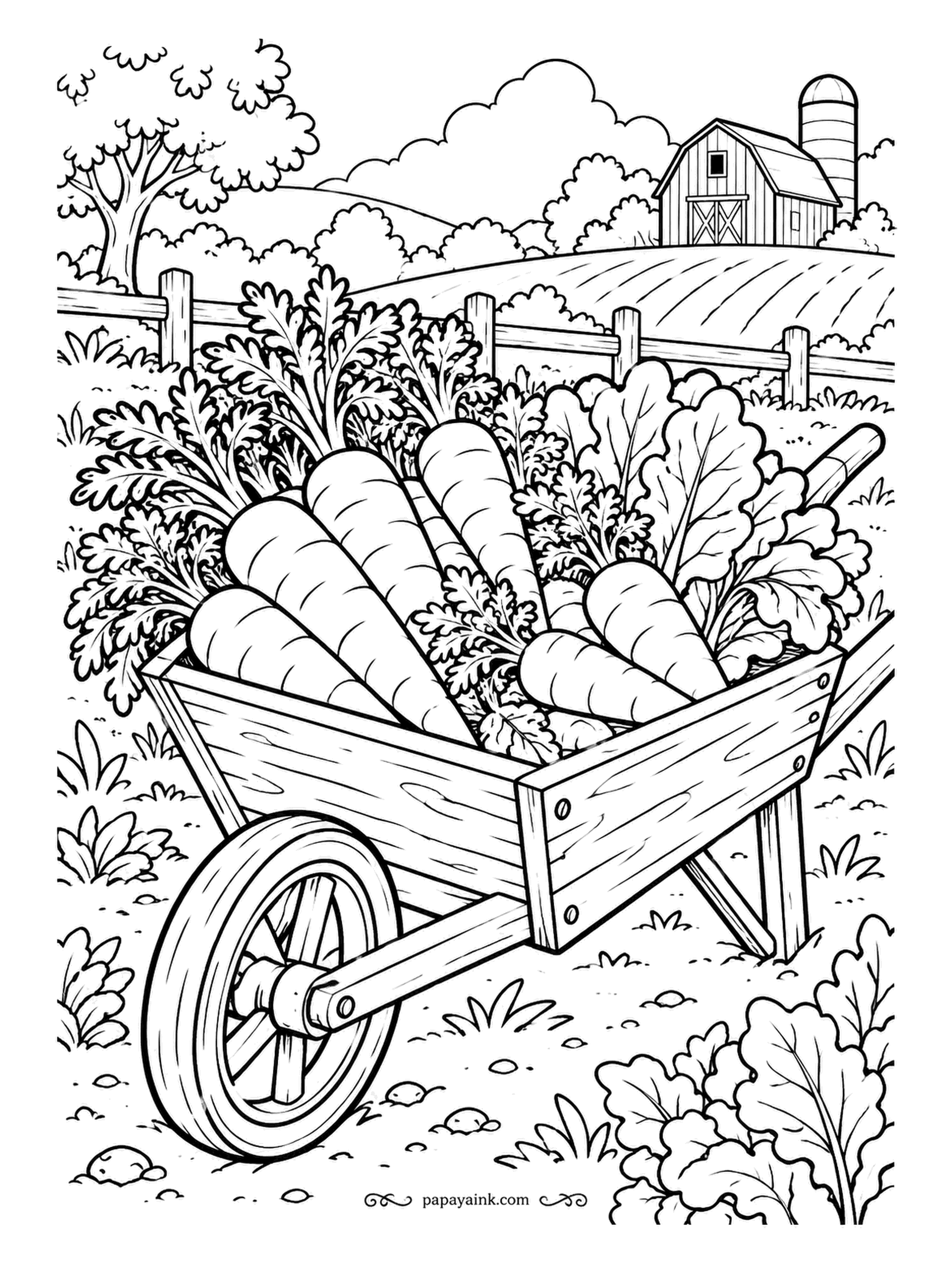 Farm Coloring Pages - Wheelbarrow heaped with carrots and lettuce, the tops spilling over the sides and the hill rising beyond. One big wooden wheel. Orange for the carrots, three greens for the leaves, and the barrow in weathered gray.