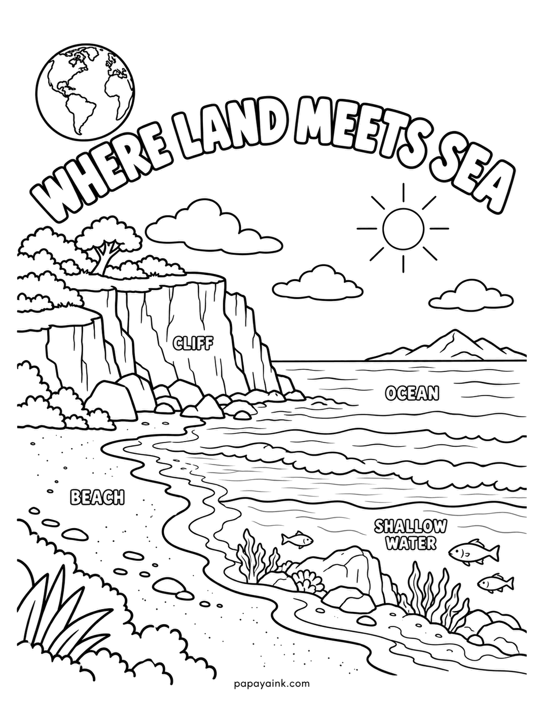 Earth Coloring Pages - Cliff, beach, shallow water and open ocean are labeled on this coast, with fish and seaweed in the shallows and the planet in the top corner. Coasts change with every tide. Grade the sea from almost white at the sand to deep blue far out.