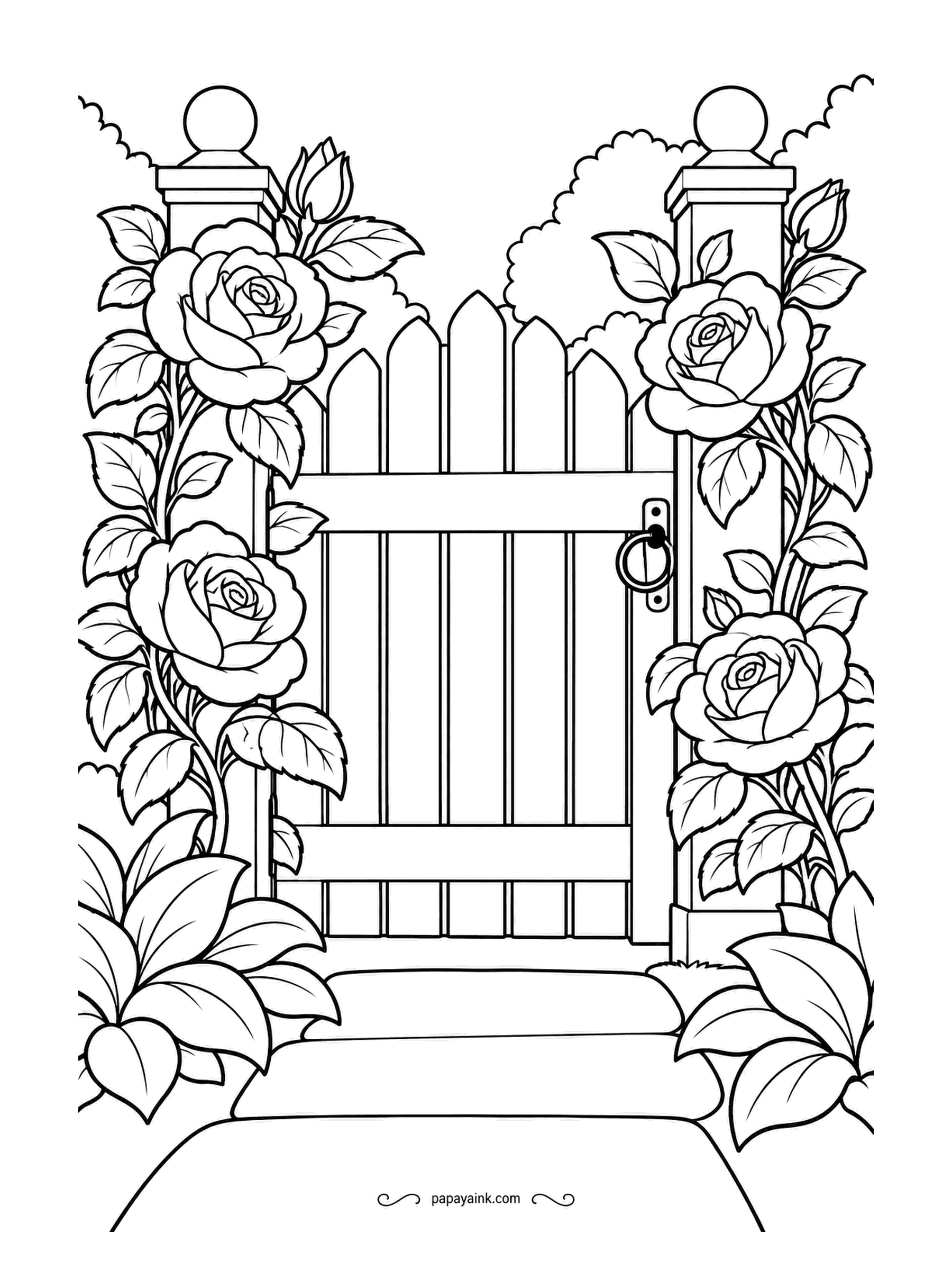 Garden Coloring Pages - A picket gate with a latch stands closed between two posts, each wrapped in climbing roses heavy with bloom and bud. The pickets want to stay untouched; a shadow line of gray down one side of each is enough to lift them from the page.