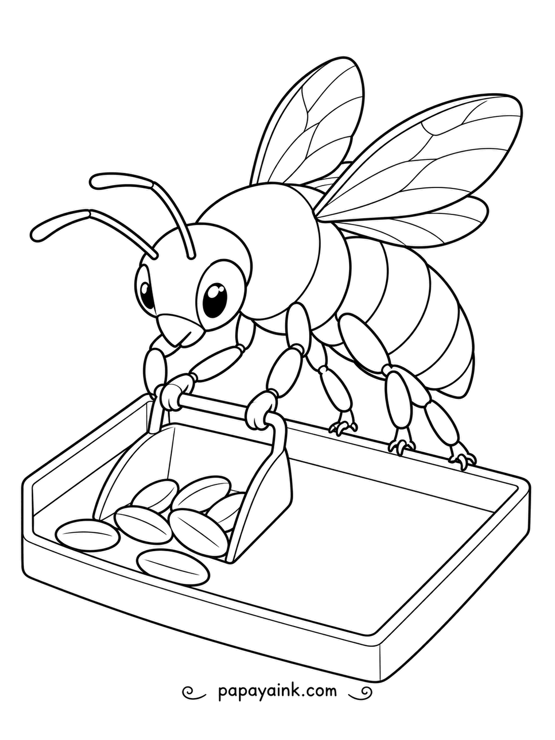 Bee Coloring Pages - Dragging a scoop through a shallow tray, a busy bee scoops up a load of big oval seeds. Color the seeds in tan, gold or brown to make the bee's harvest look ready to store.
