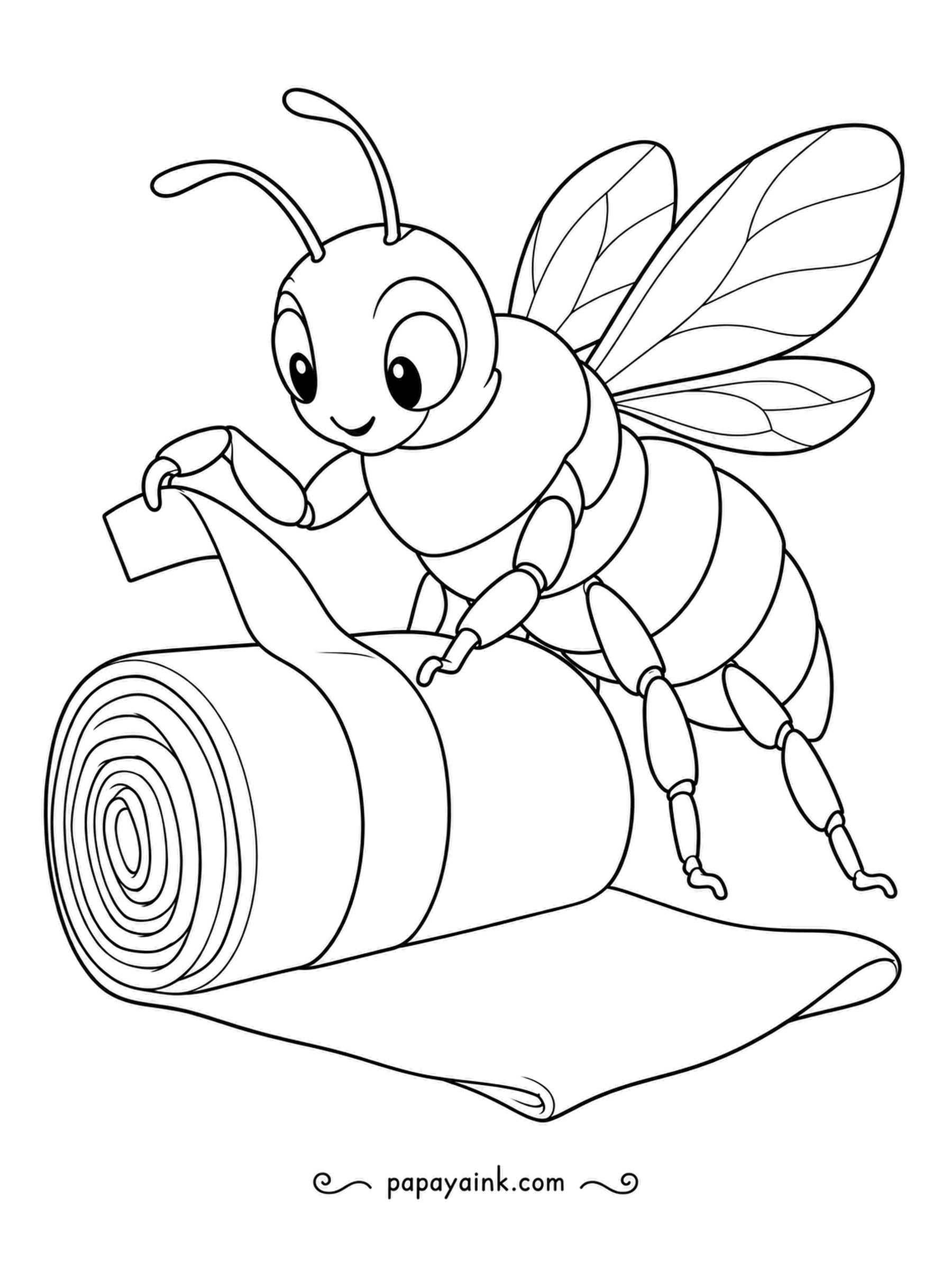 Bee Coloring Pages - Lifting the loose end of a fat cloth roll, a happy bee lets the fabric spill out across the floor. The coiled layers on the end of the roll make a satisfying spiral to color.