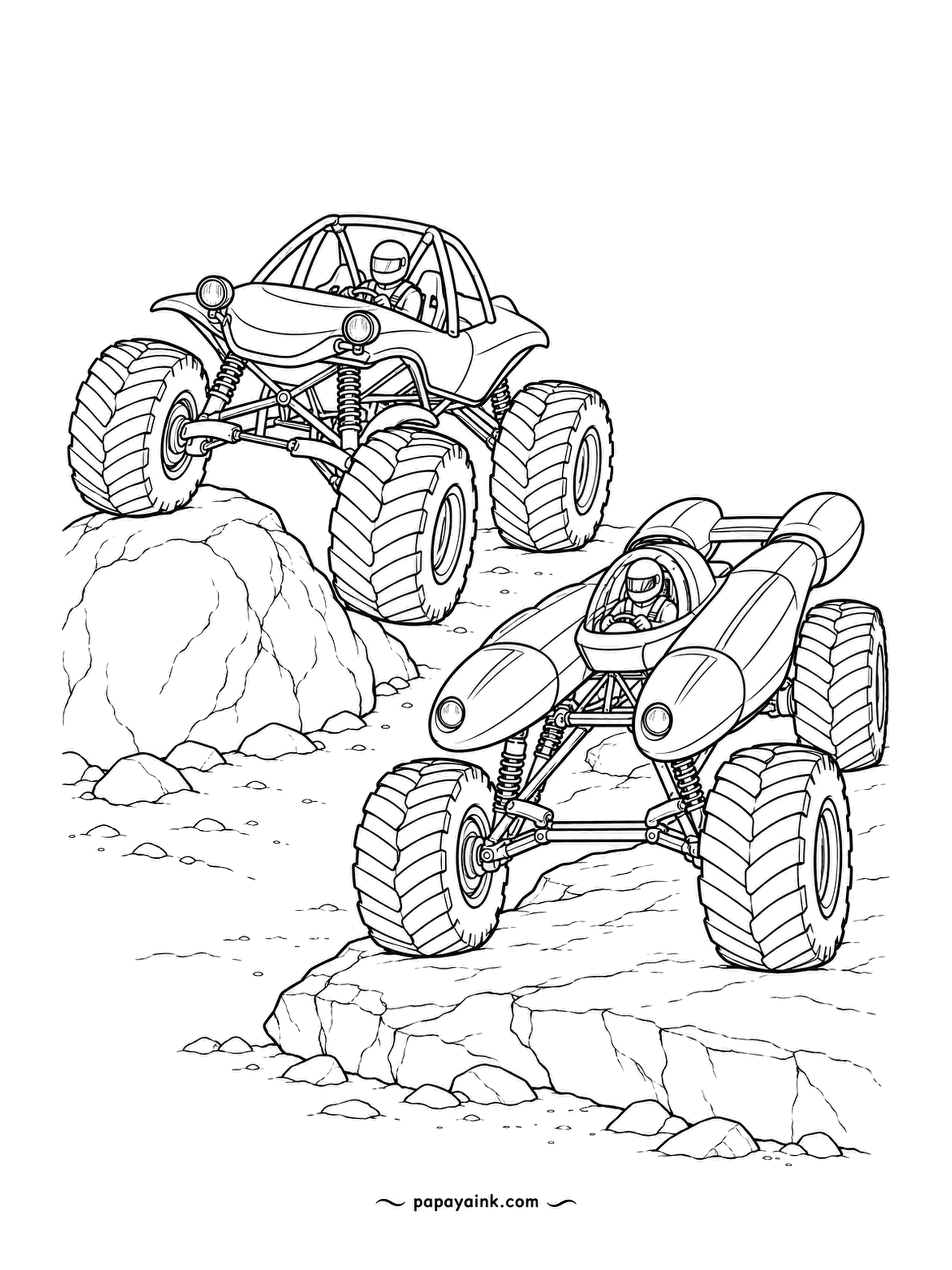 Monster Truck Coloring Pages - Two routes across the boulders: a wide-bowed dune buggy with a roll cage takes the high rock, a twin-pod runner takes the low one. Lots of boulder faces to shade. Detailed.