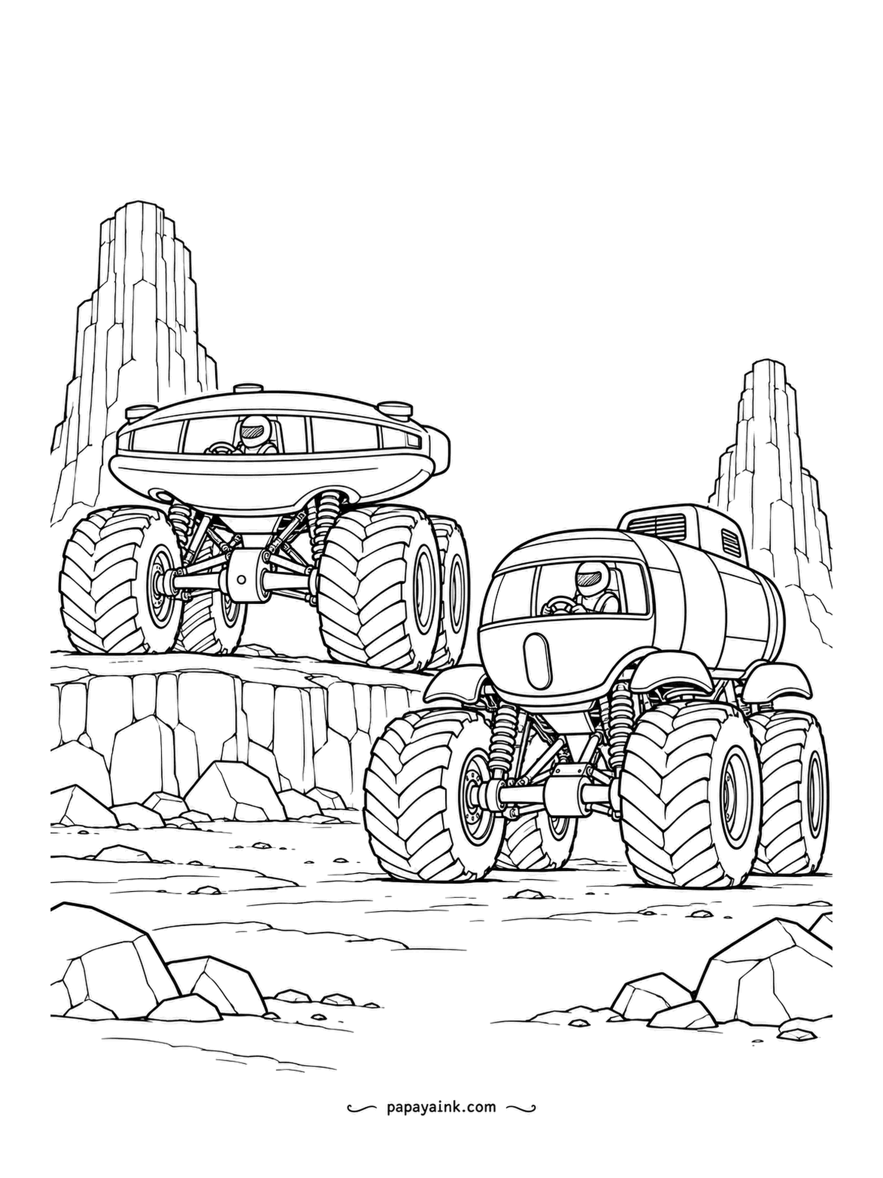 Monster Truck Coloring Pages - Basalt terrace, two neighbors: the wide-puck cab up on the ledge, a pickup with a micro cab down on the rocks, columns rising over both. Hexagonal rock in cool greys. Detailed.