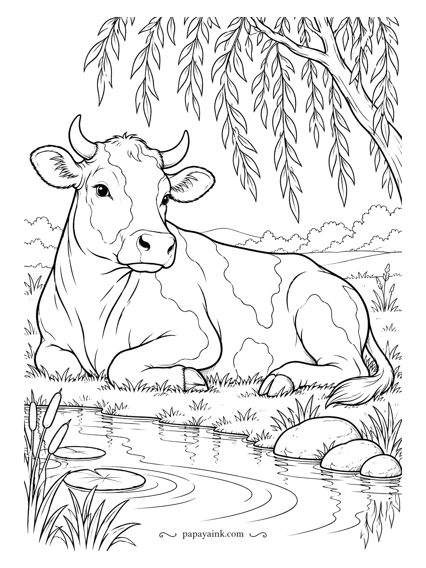 Cow Coloring Pages - Resting under a weeping willow beside a pond with cattails and lily pads. The willow leaves are small and many, so a fine-tipped pencil helps there; the water can be as loose as you like. A calm sheet for a slow afternoon.
