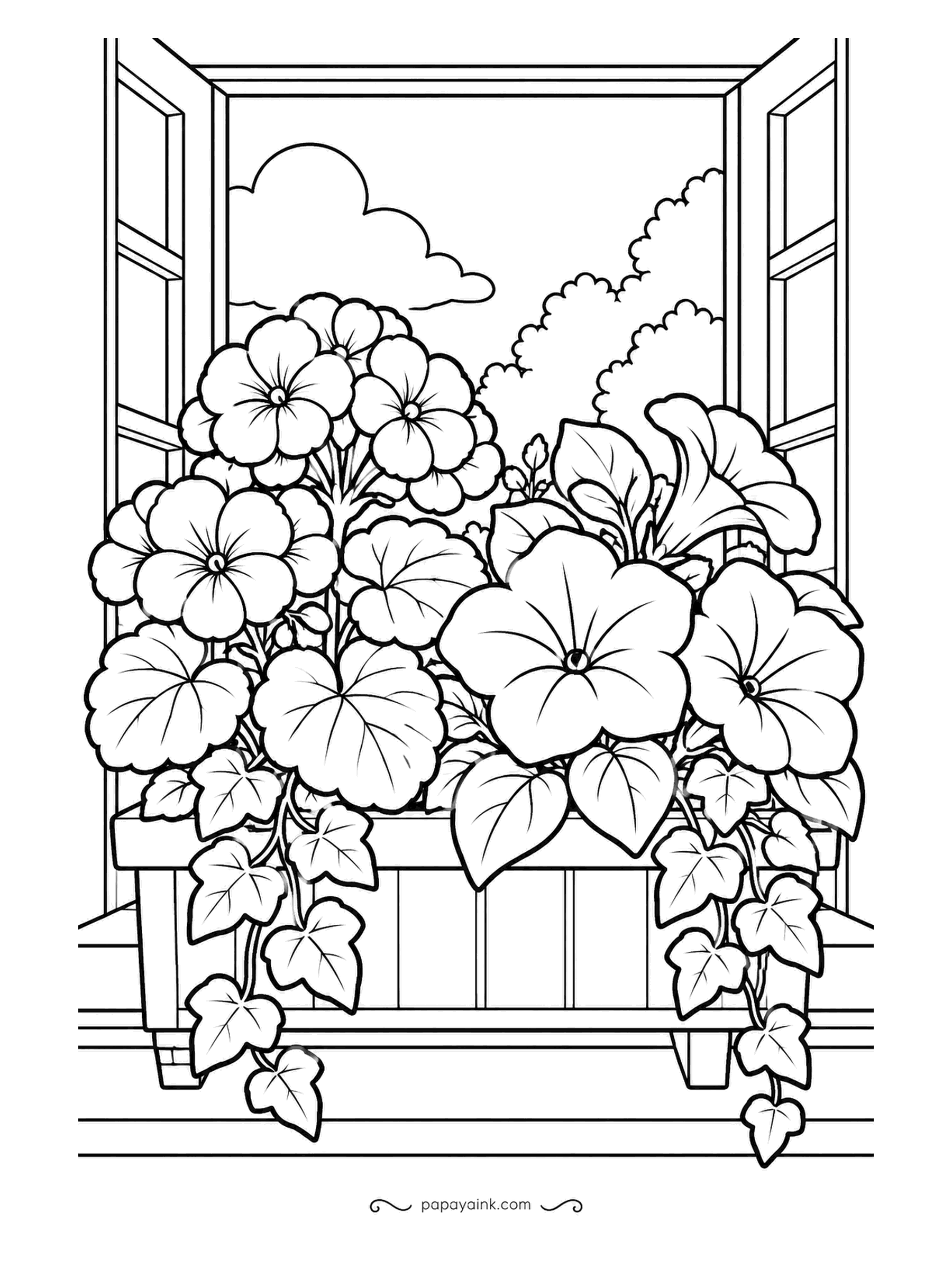 Garden Coloring Pages - Looking out through an open window onto a box crammed with petunias and geraniums, ivy trailing down the sill, clouds drifting beyond the hedge. Color the room-side frame a warm wood tone and the view will feel like it is outside the glass.