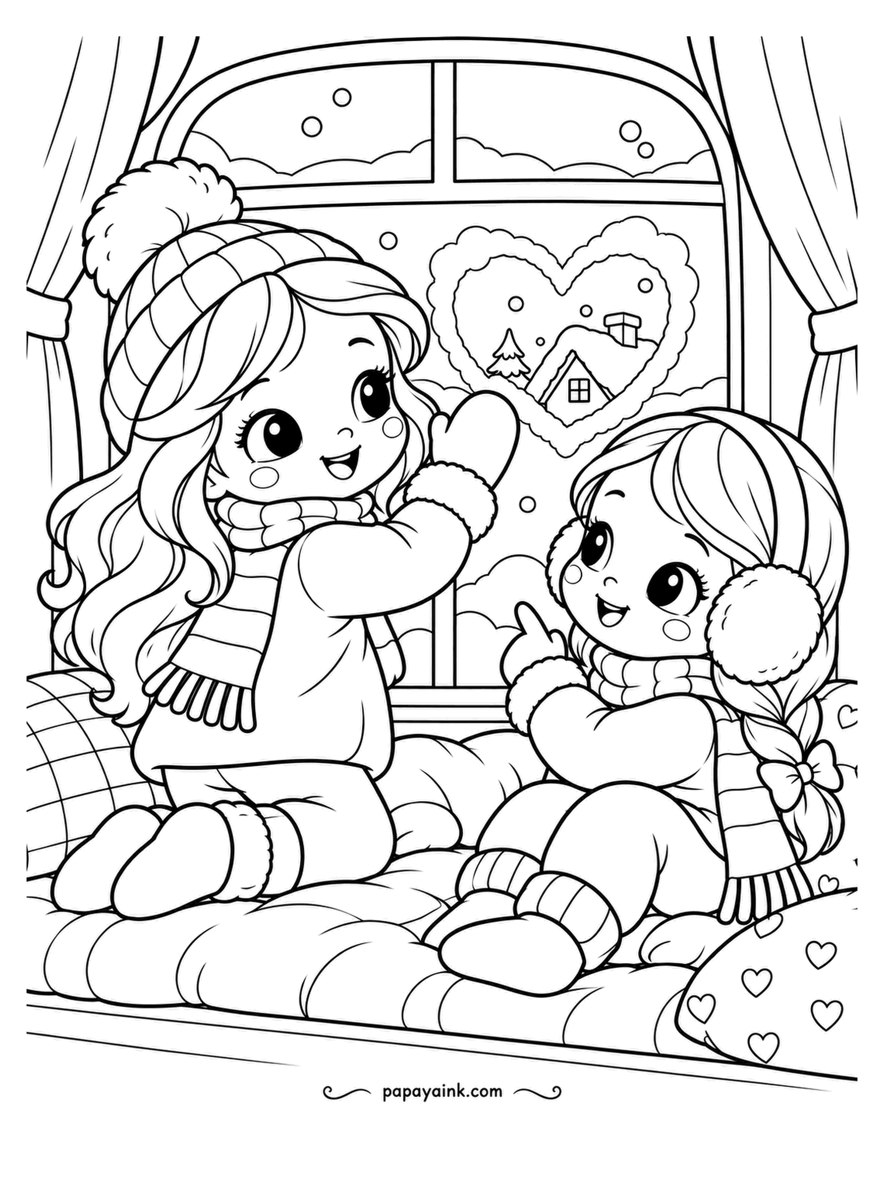 Cute Winter Coloring Pages - Frost on the window, and the girl in a pom-pom hat has rubbed a heart into it so the younger girl can see the cottage outside. Cushions with hearts on the seat. Blue frost, warm colors inside.