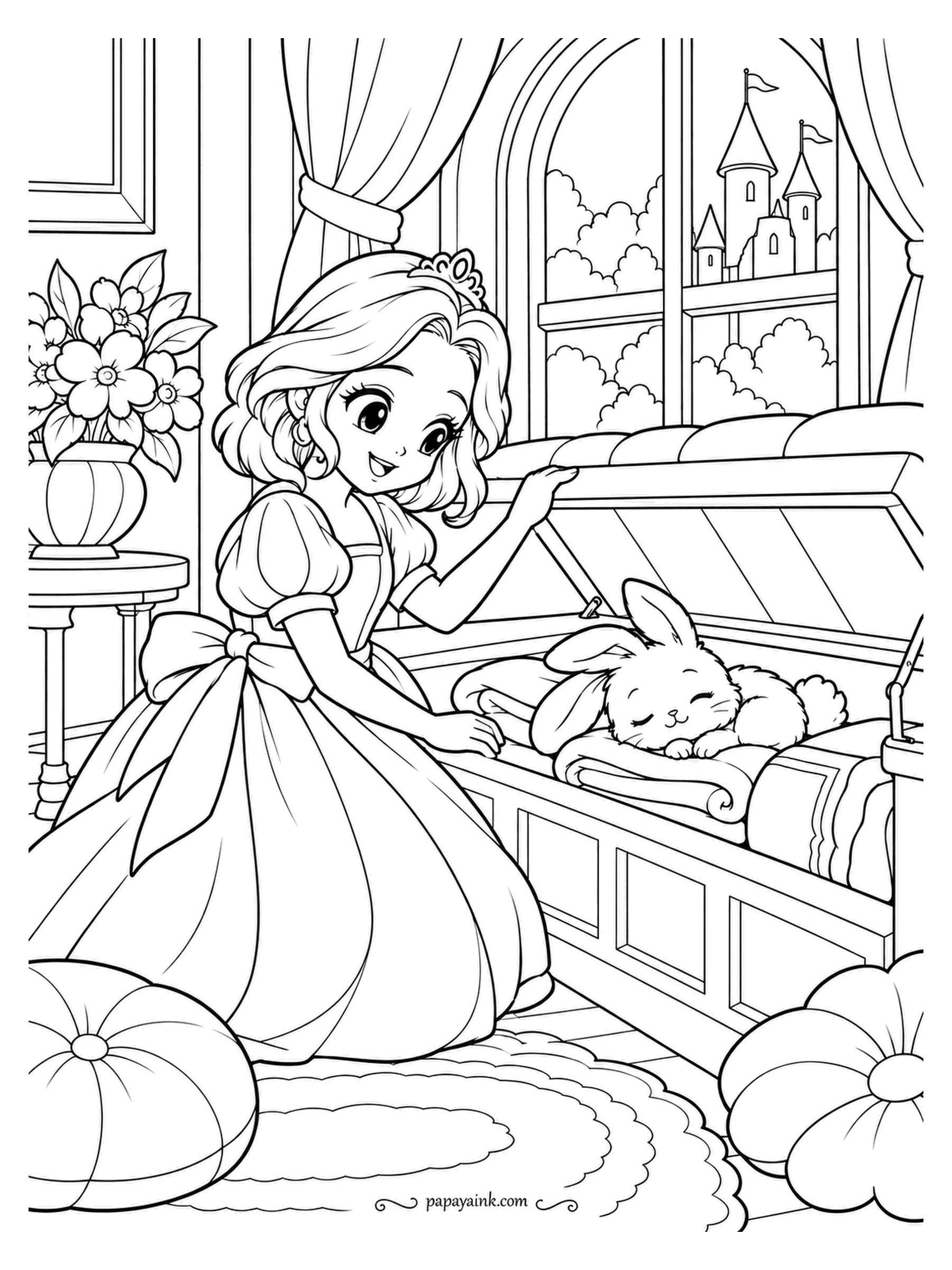 Kawaii Princess Coloring Pages - Lid up, rabbit still asleep. The princess opens the window seat and finds it napping on the folded blankets, so she keeps her other hand ready to lower the lid again. Castle through the glass, cushions on the floor - warm indoor tones.