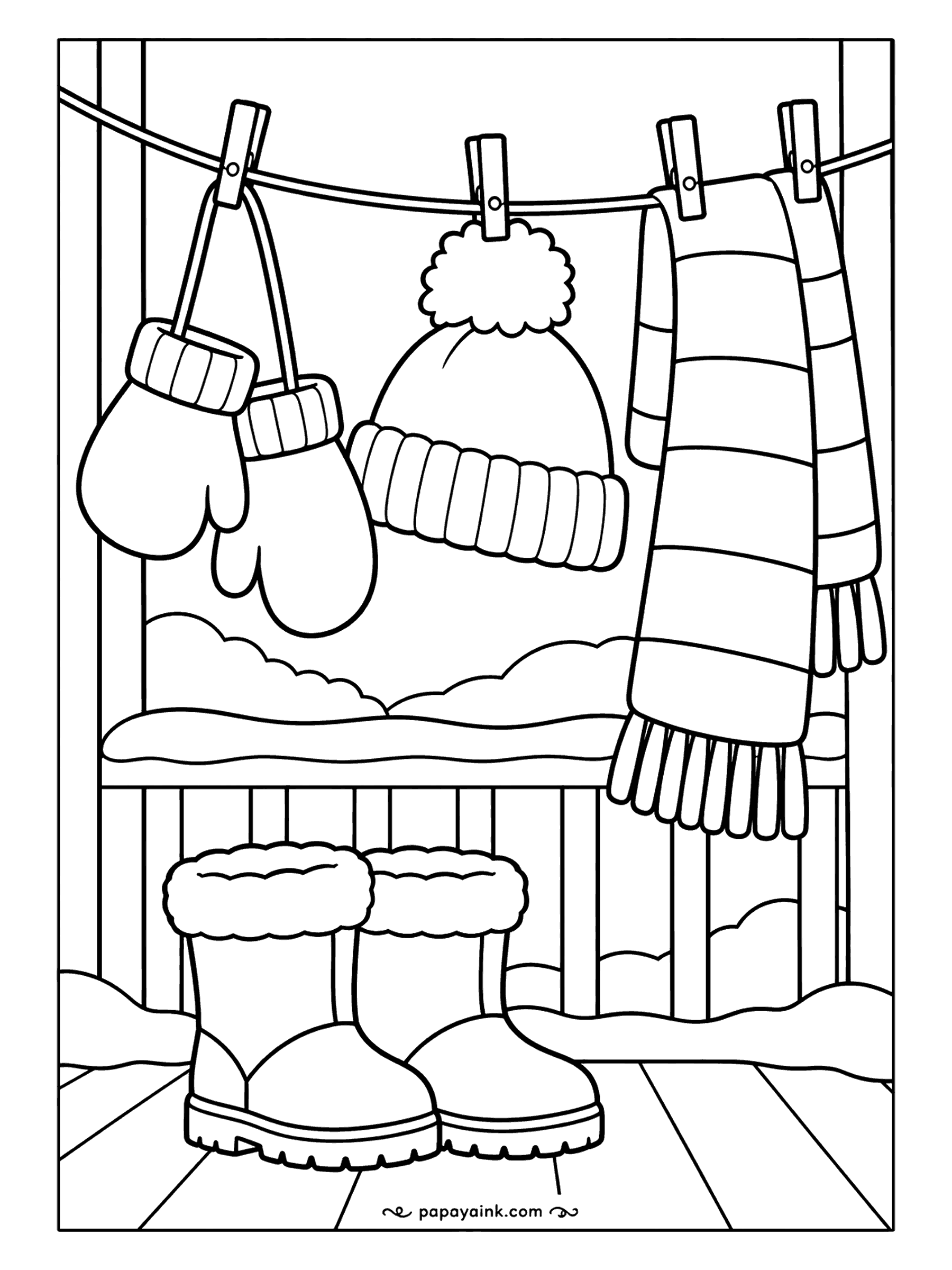Free Printable Winter Coloring Pages - Mittens, a pompom hat and a striped scarf pinned to the line on the porch, boots drying on the boards below and a snowy yard beyond the rail. No faces, all pattern. Match the mittens to the hat and give the scarf every color left.
