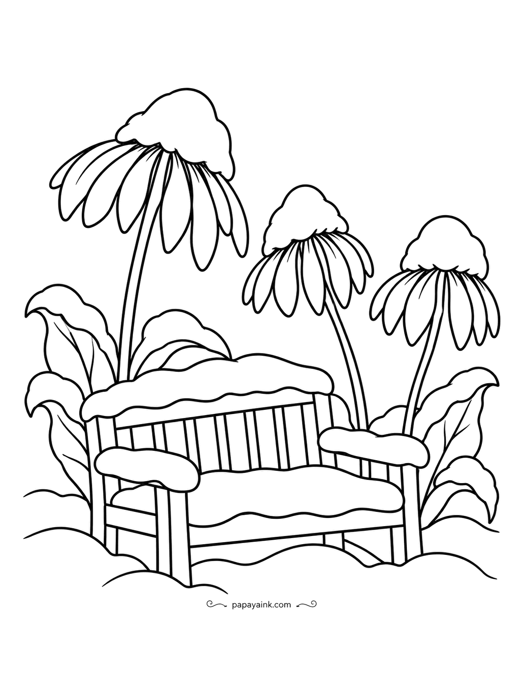 Garden Coloring Pages - The garden in winter: a bench under a cap of snow, coneflowers left standing with their seed heads capped too, and drifts over everything. Leave the snow white, make the seed heads dark brown, and use a cold blue-gray for the shadows. Detailed.