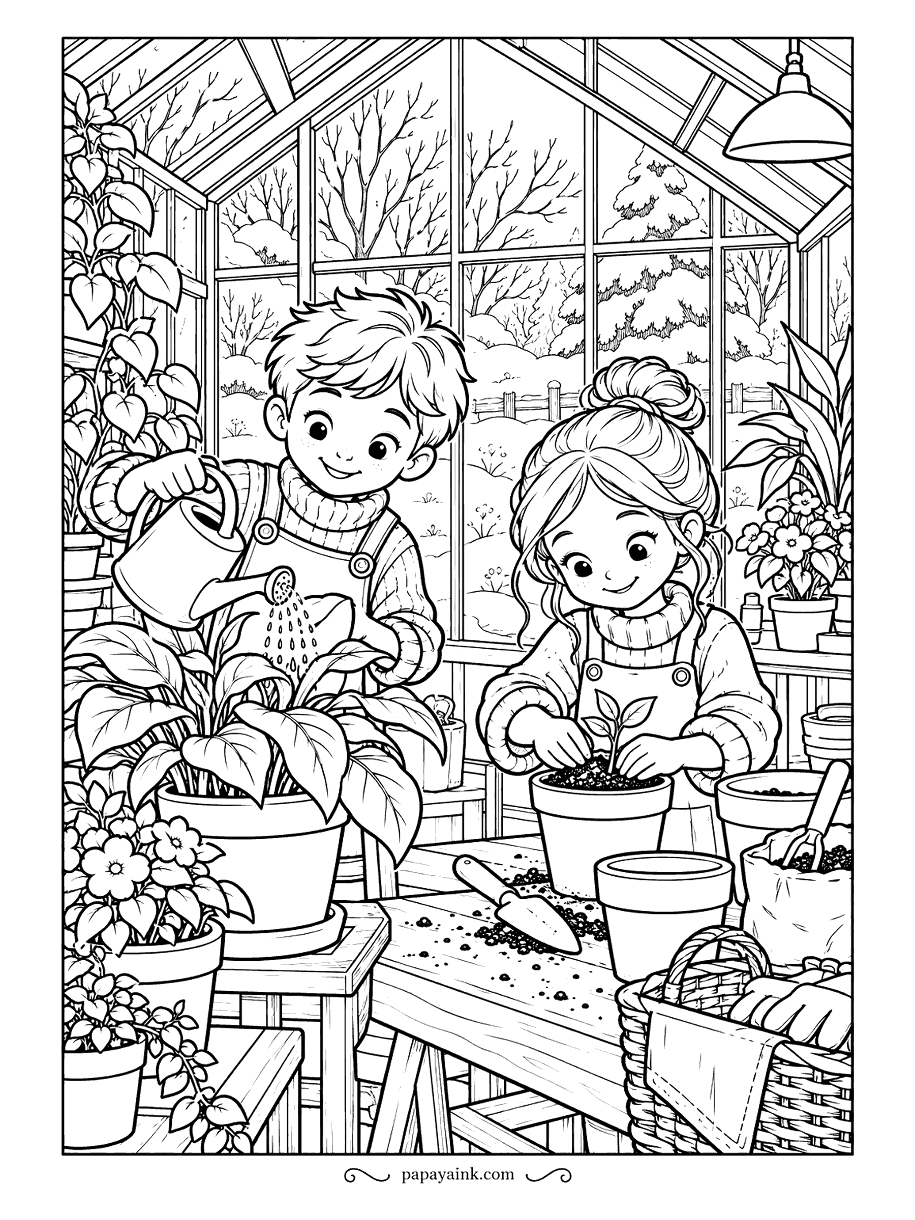 Free Printable Winter Coloring Pages - Snow outside the glass, green inside: one child waters a big-leafed pot, the other presses a seedling into fresh soil. Pots, a trowel, a basket and a bag of potting mix crowd the bench. Every leaf a different green.