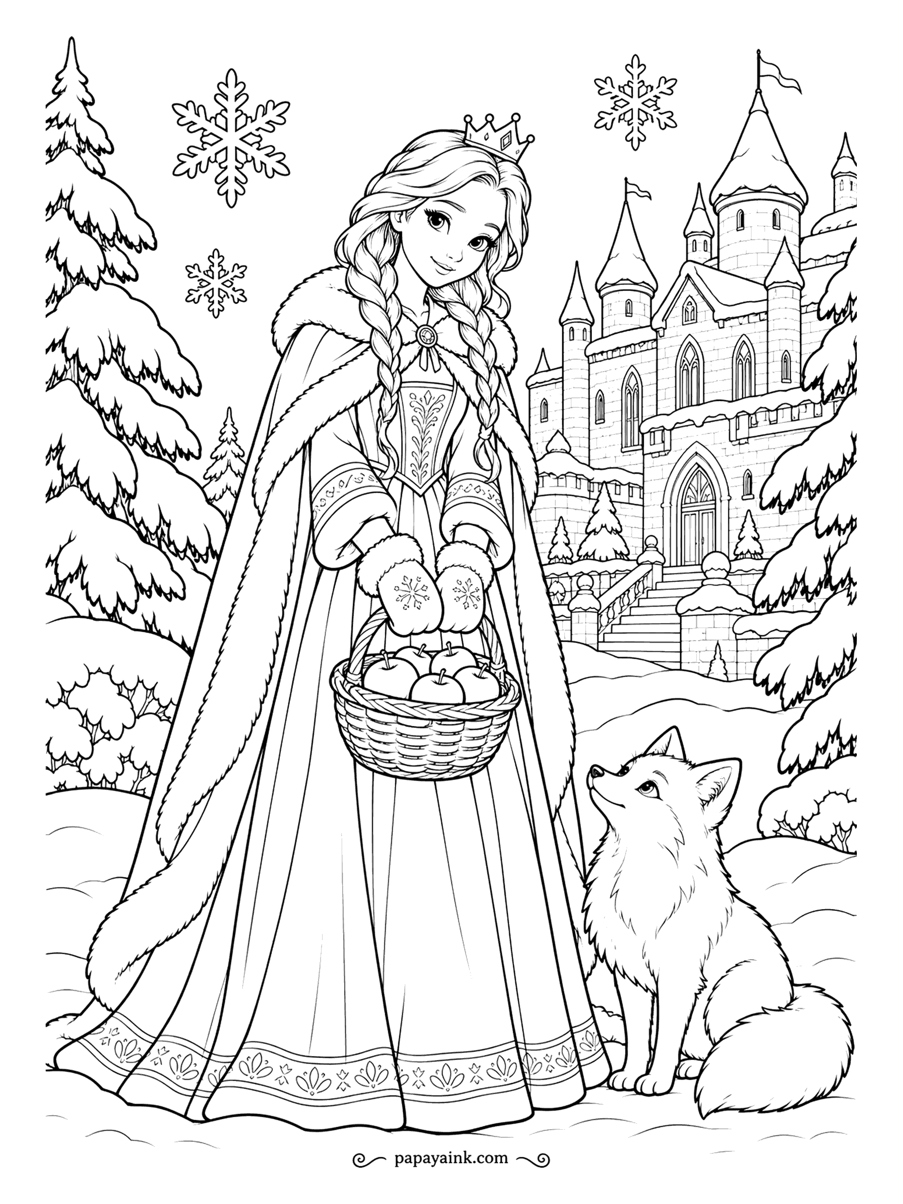 Free Printable Princess Coloring Pages - Snow on the firs, a basket of apples in mittened hands and a fox who has decided to follow her home. The cloak is lined with fur from hood to hem, and the castle is dusted white. Save your warmest color for the apples.
